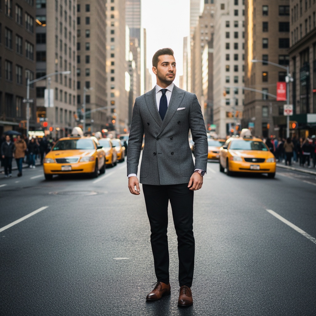 John, a 31-year-old Middle Eastern male figure, stands confidently on a bustling Manhattan street, embodying the spirit of New York City. He is dressed in a tailored charcoal wool double-breasted blazer with a crisp white dress shirt, complemented by a silk navy tie featuring subtle geometric patterns. His slim-fit black trousers and oxford shoes add modern elegance. The golden hour casts a warm glow, highlighting his poised determination against a backdrop of yellow cabs and the iconic skyline, capturing both ambition and style amidst the city's vibrant chaos. The composition emphasizes his solitary presence amidst the urban life.