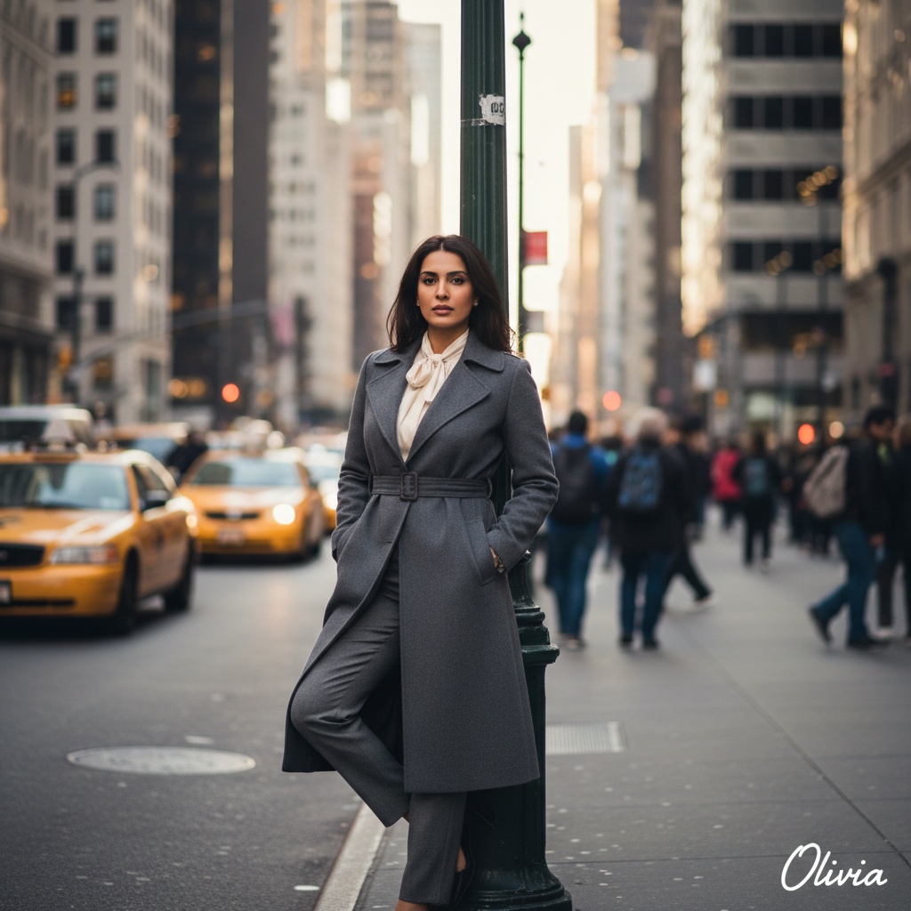 Olivia, a 35-year-old Arab woman, exudes urban elegance on a bustling New York City street. She wears a tailored charcoal-grey cashmere trench coat cinched at the waist, showcasing a cream silk blouse with delicate ruffles and high-waisted cigarette-style trousers. Leaning slightly against a vintage lamppost with one leg crossed elegantly, she embodies effortless confidence amidst the vibrant movement of blurred figures and yellow cabs in the background. Sunlight bathes the scene in a golden hue, highlighting her striking features against the towering skyscrapers of the city. The composition captures both her beauty and the essence of New York—a timeless yet contemporary allure. This editorial image reflects the spirit of a modern woman, poised and powerful, perfectly in tune with her surroundings. Trigger word: Olivia.