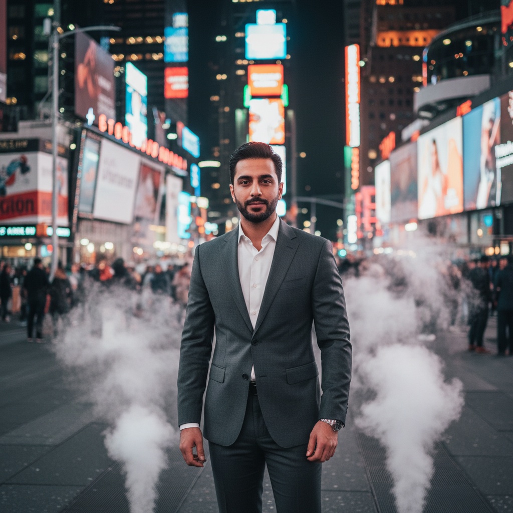 A striking portrait of James, a 34-year-old Middle Eastern male, standing confidently at the epicenter of Times Square. He wears a tailored charcoal gray ensemble with a fitted blazer over a crisp white shirt and slim-cut trousers. His gaze directed toward the camera exudes charisma, illuminated by the chaotic neon lights of Times Square. Wisps of steam rise from the pavement, adding gritty texture to the scene. The dynamic composition, with a shallow depth of field blurring the throngs of pedestrians, captures the vibrant chaos while highlighting his urban elegance, reflecting a modern-day dandy in New York City.