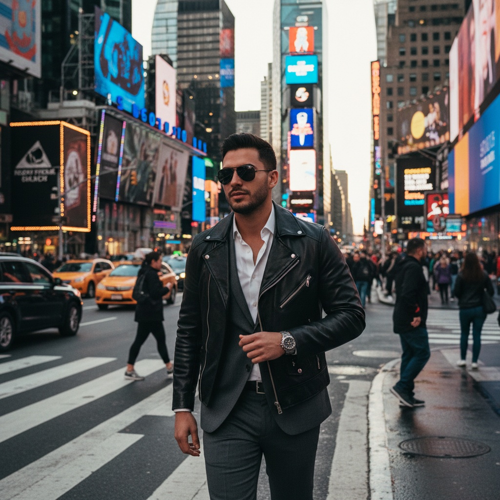 Michael, a 27-year-old Latin male figure, strides confidently through the bustling energy of Times Square, dressed in a tailored charcoal grey suit over a crisp white button-down shirt and a sleek black leather biker jacket. His bold silver watch and aviator sunglasses catch the neon lights, while the golden hour casts a warm glow on his face, accentuating his angular jawline and the playful glint in his eye. The image captures him in motion, slightly off-center in the composition, immersed in a backdrop of vibrant billboards and the pulsating atmosphere of New York City. This scene embodies the spirit of adventure and urban life, presenting a modern-day protagonist amidst a kaleidoscope of urban energy, with the glow of the setting sun enhancing the electric ambiance.