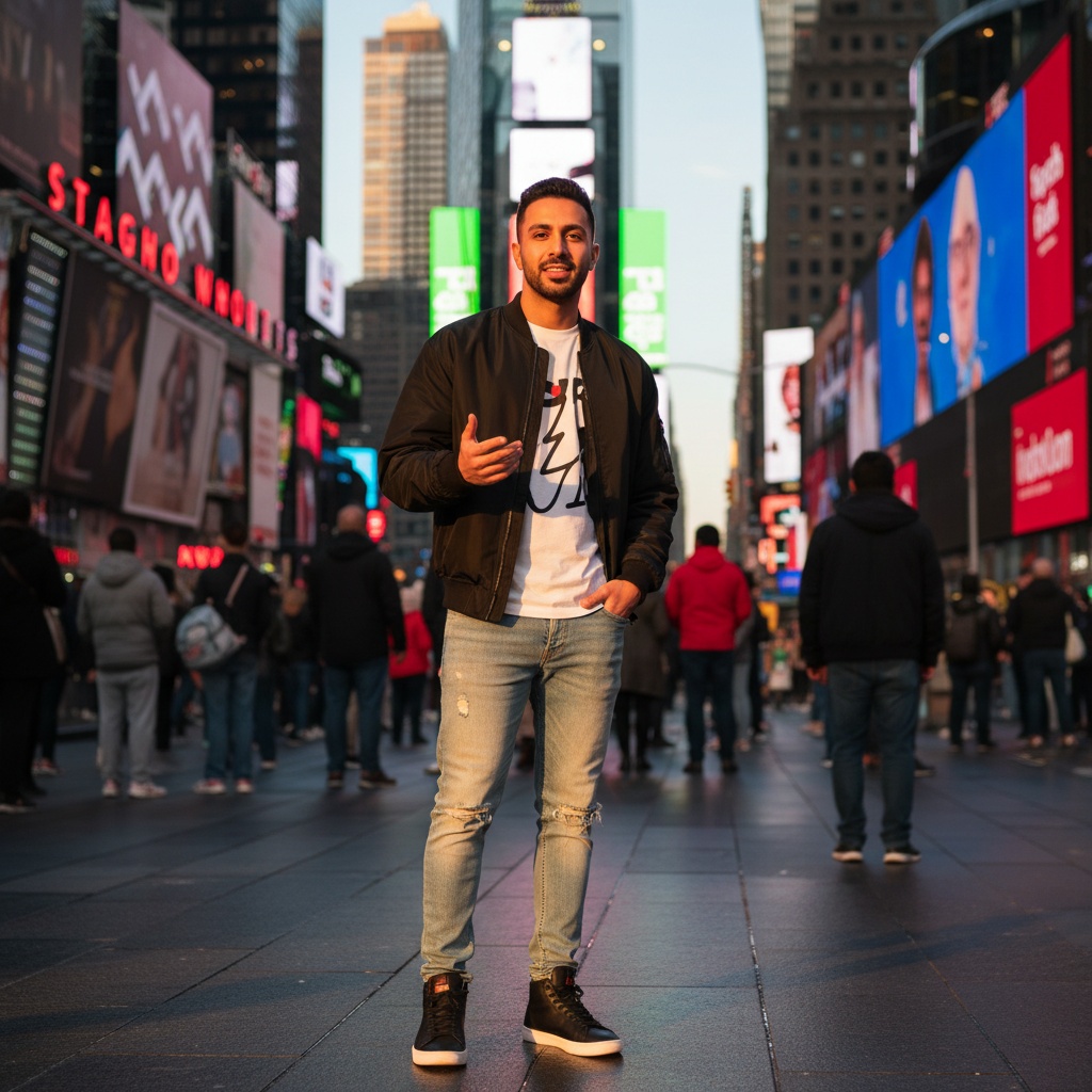 Michael, a striking 26-year-old male of Arab descent, exudes urban confidence at the heart of Times Square. He wears a tailored oversized black bomber jacket over a crisp white graphic tee, paired with distressed denim jeans and sleek high-top sneakers. His relaxed yet dynamic stance features one hand in his pocket while the other gestures animatedly amidst the vibrant chaos of glowing billboards and bustling crowds. The composition captures him slightly off-center, with a warm golden-hour glow illuminating his features, embodying youthful exuberance against the mesmerizing blur of neon lights and urban energy. This scene reflects the essence of modern city life, positioning him as a flâneur navigating the electric heart of New York City. The photo adheres to the rule of thirds, creating a striking visual statement infused with movement and light.