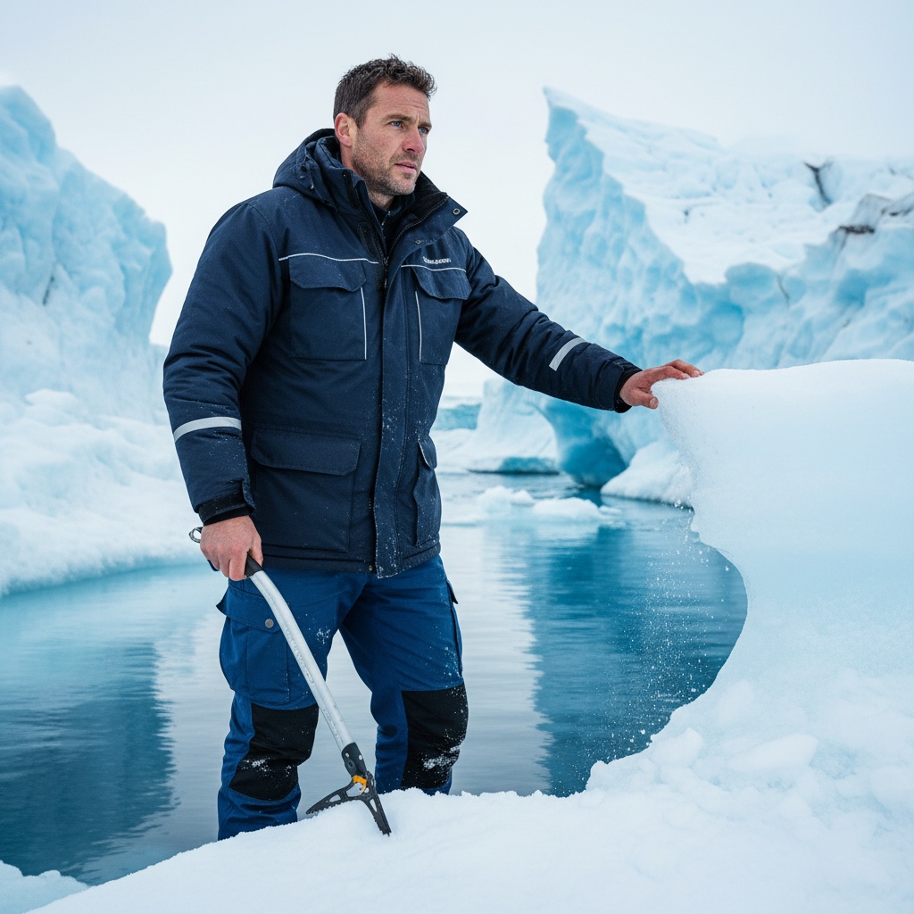 James, a rugged Arab male adventurer aged 26, stands at the edge of a glistening ice floe, embodying the spirit of Arctic exploration. He wears a high-performance navy parka with reflective details, paired with thermal-lined cargo pants. Towering icebergs create a dramatic backdrop, with ethereal blue hues contrasting against an overcast sky. His piercing blue eyes reflect determination as he gazes into the distance; one hand rests on an ice pick while the other brushes away snow from an iceberg's edge. The scene is softly illuminated by natural light, highlighting the textures of the surroundings, creating an atmosphere of adventure and resilience. The photograph captures the majesty and challenges of polar exploration.