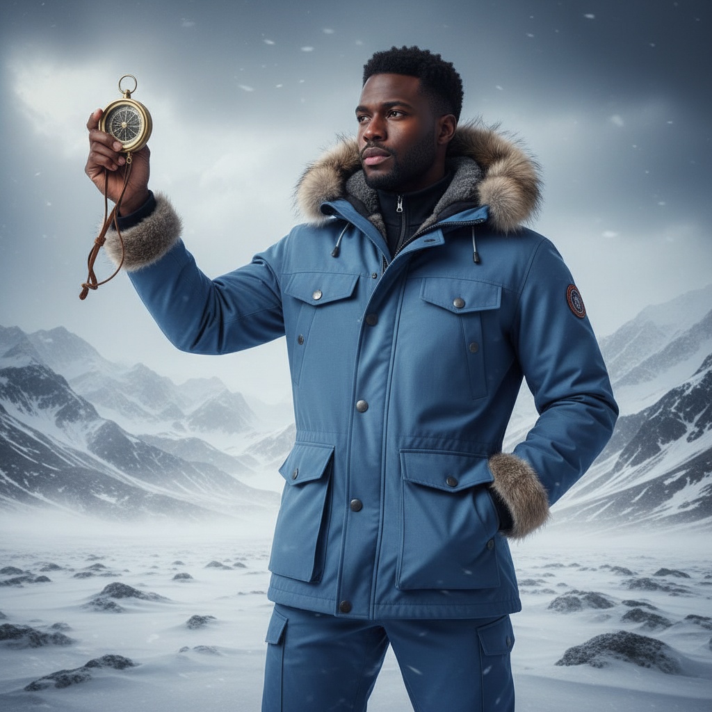 John, a striking black male explorer aged 27, poised dramatically against the breathtaking backdrop of the Arctic wilderness. He is dressed in a tailored, ice-blue parka lined with luxurious fur, showcasing high-end craftsmanship suitable for extreme conditions. With one arm raised gripping a vintage compass and the other hand tucked into his pocket, he exudes resolute determination. Snow-capped peaks meet a moody, overcast sky, as biting winds swirl around him, capturing the harsh beauty of this frozen landscape. The soft yet stark lighting highlights textures of snow and fabric with a cool color palette, reflecting the spirit of modern adventurers and evoking nostalgia for golden-era explorers.