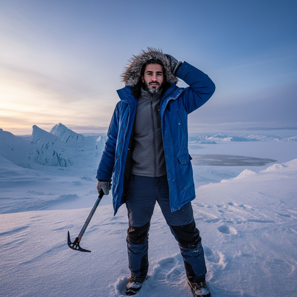 Michael, a spirited 22-year-old Arab male explorer, stands heroically against the breathtaking expanse of a frozen tundra embodying the rugged essence of Arctic exploration. He is clad in a high-performance cobalt blue insulated parka with a fur-lined hood, fitted thermal fleece, and durable snow pants, showcasing readiness. One hand grips an ice axe, the other brushing back windswept hair. Hoarfrost clings to his cheek as dramatic natural light glints off the crystalline snow. The wide-angle perspective captures jagged ice formations and glistening snowbanks, inviting viewers into the raw beauty and challenges of the Arctic, portraying adventure and resilience.