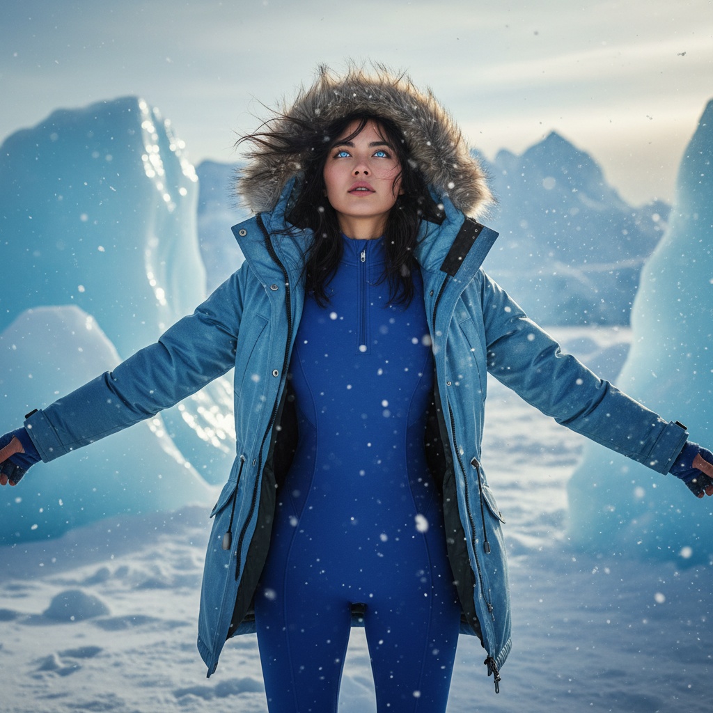 Olivia, a striking 23-year-old Asian female explorer, stands confidently in the Arctic landscape, embodying modern resilience and courage. Her bright blue eyes reflect the icy horizon while her wind-tousled hair peeks from beneath a fur-lined hood. Dressed in a high-fashion parka in 'Glacier Blue' made of luminescent, waterproof fabric, and a fitted thermal bodysuit, she radiates adventurous spirit. The scene captures the shimmering icebergs around her, with snow flurries enhancing the dynamic movement. Her powerful pose, arms wide, chin tilted upward, embodies confidence as she embraces the frigid wind, invoking emotions of exploration and responsibility towards nature. The natural light emphasizes her features and the dramatic icy backdrop, using a shallow depth of field to highlight her adventurous essence.