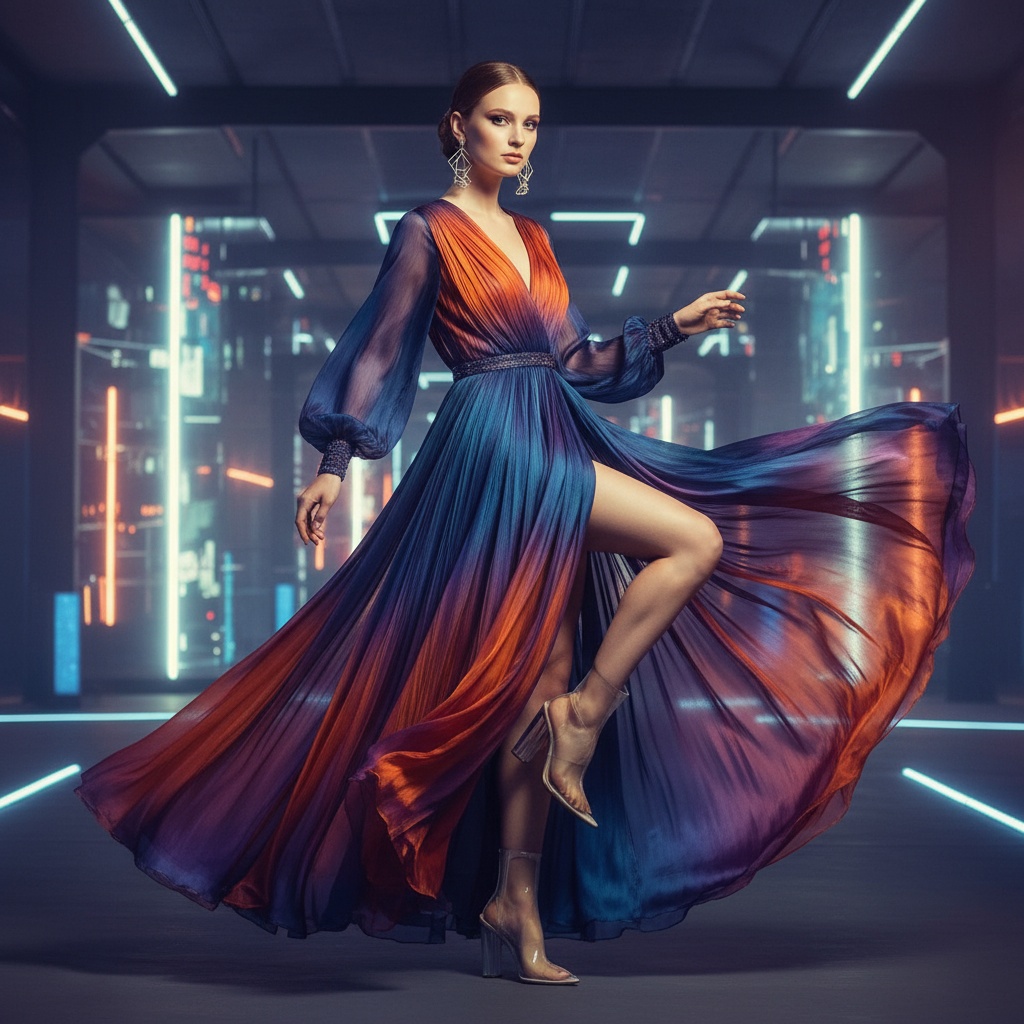 Emily, a captivating 29-year-old white female, embodies the essence of exploration in a sleek environment during a fashion editorial shoot. She wears a breathtaking floor-length gown crafted from iridescent chiffon that shimmers in hues of ocean blue, sunset orange, and twilight purple, enhanced by luminous holographic makeup. Standing poised with one leg forward amidst an abstract digital landscape pulsing with soft neon lights, she invites viewers into a world of virtual travel. Accessories include geometric earrings and futuristic translucent ankle boots, while chiaroscuro lighting highlights her sophisticated aura. This image captures the exhilarating blend of reality and fantasy, evoking a yearning for exploration.