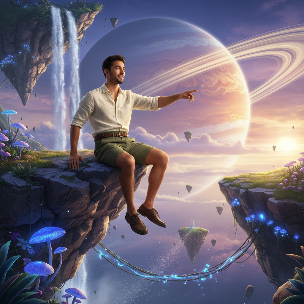 Michael, a 34-year-old Latin male traveler, seated on the edge of a floating cliff in a stunning digital landscape. He exudes effortless charm and curiosity as he gazes into a surreal sunset filled with lavender and gold hues. Dressed in a tailored linen shirt with rolled-up sleeves and high-waisted shorts, he embodies relaxed sophistication. The background features whimsical elements like bioluminescent flora and hovering islands, bathed in soft ambient lighting that highlights his thoughtful expression. The composition showcases the spirit of wanderlust and the imaginative storytelling of contemporary digital travel.