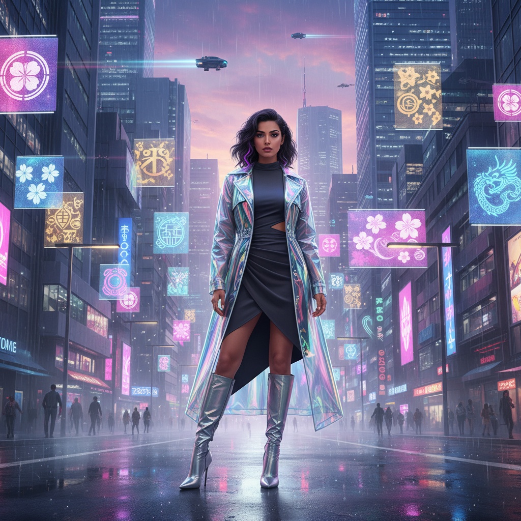 Sarah, a 26-year-old Middle Eastern woman embodying the spirit of wanderlust, stands poised on a bustling street in a digitally created futuristic Tokyo skyline at dusk. She is draped in a holographic trench coat made of iridescent vinyl over a sleek, asymmetrical deep charcoal dress, complemented by knee-high metallic stiletto boots. Her hair cascades in sculpted waves with electric purple highlights, framing her striking features. The atmosphere is filled with digital rain and floating holographic advertisements, reflecting various cultural motifs, while soft, diffused lighting enhances the dreamlike ambiance. The entire scene radiates innovation and exploration, capturing the exhilarating charm of a city that blends tradition with modernity.