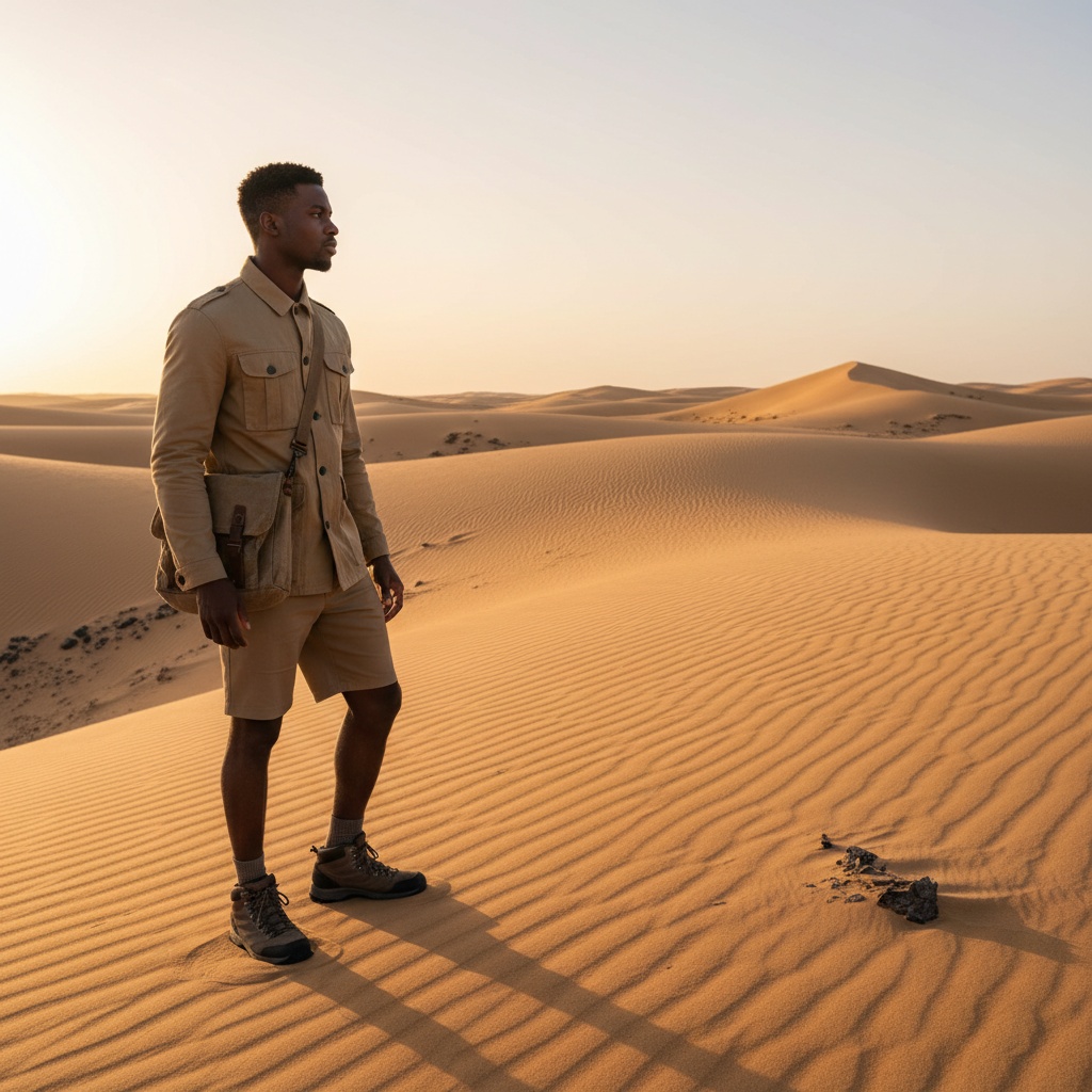 David, a 26-year-old black male adventurer stands poised in the golden sands of a vast desert landscape, embodying the spirit of exploration and resilience. He is dressed in a lightweight, sand-colored utility jacket and tailored shorts, highlighting practicality without sacrificing style. The sun is low, casting a warm golden hour glow that emphasizes his chiseled jawline and sun-kissed skin. His gaze is directed towards the horizon, embodying adventure and introspection, while a rugged canvas messenger bag hangs over his shoulder. The composition features dramatic shadows on the textured dunes, resonating with the audacious spirit of modern adventurers and capturing a moment of strength and solitude. The image adheres to the golden ratio, enhancing both subject and background.