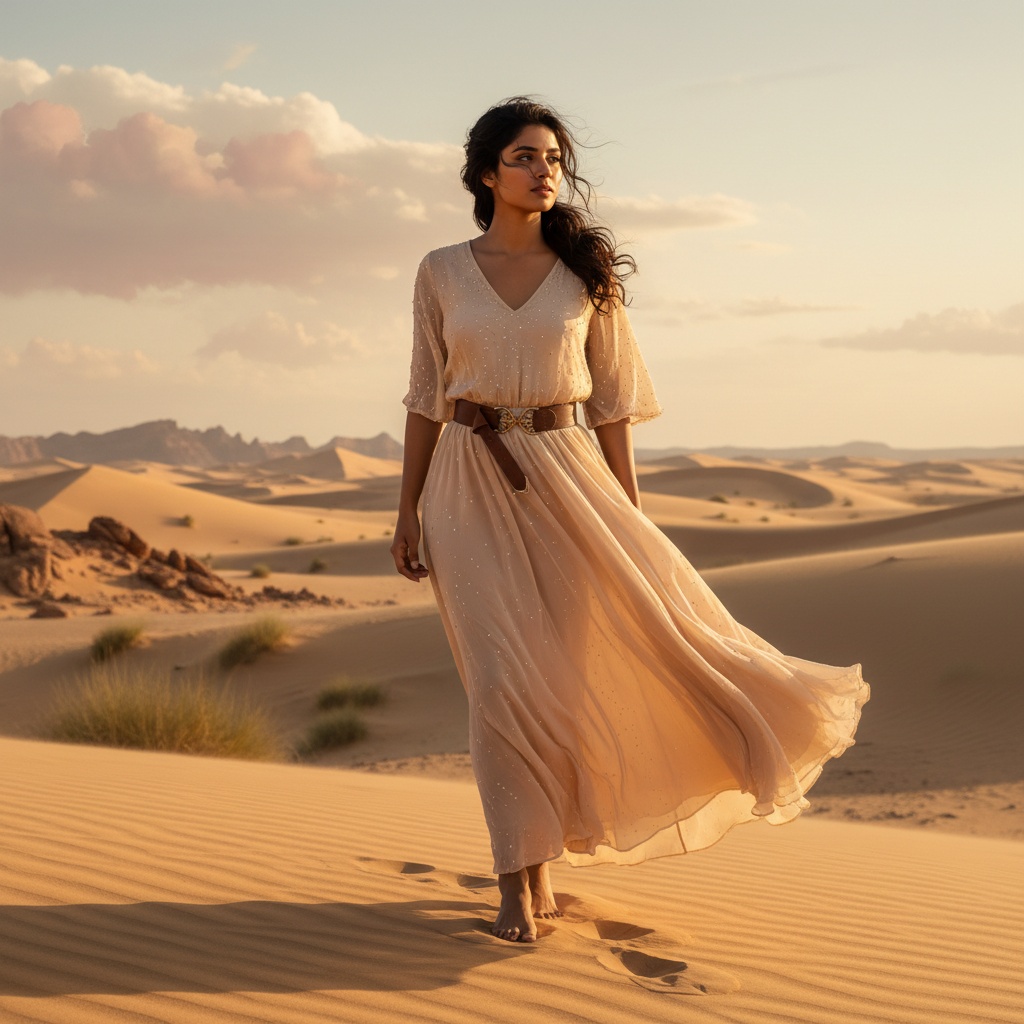 Emily, a 24-year-old Indian female adventurer, is poised like a modern-day explorer in a sun-drenched desert. She wears a flowing, sand-hued maxi dress made from lightweight chiffon, delicately billowing in the warm breeze. An elegant vintage leather belt cinches her waist, amplifying her rustic charm. Her sun-kissed skin radiates warmth as she stands barefoot on the warm sands, her hair loosely tied back, showcasing soft tendrils that frame her fierce but contemplative gaze. The setting sun casts a golden light, accentuating the intricate beadwork on her dress and creating captivating shadows. Flickers of olive and dusky roses punctuate the sandy palette, enhancing the serene yet untamed beauty of her surroundings. The composition captures the essence of exploration and self-discovery, inviting viewers into her adventurous journey, embodying the unyielding spirit of femininity in a vast landscape.