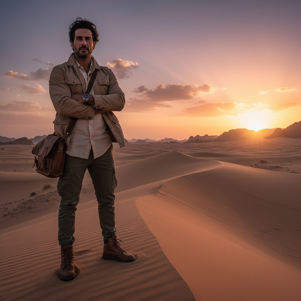 John, a rugged 27-year-old male adventurer of Middle Eastern descent, stands confidently at the crest of a sand dune in a breathtaking desert landscape. His silhouette is beautifully framed against the brilliant hues of a setting sun that casts an ethereal glow across the rippling sands. Clad in a lightweight khaki utility jacket over a breathable sand-colored linen shirt, tailored cargo trousers, and durable leather boots, he embodies rugged sophistication. His arms are crossed, revealing a stylish timepiece on his wrist. Tousled hair is gently stirred by the wind, enhancing his adventurous aura. A finely crafted leather satchel hangs at his side, hinting at tales of exploration. The image captures soft golden hour lighting, emphasizing the textures of his attire and the undulating sand, following the rule of thirds to draw the viewer’s eye to the harmony between man and nature, evoking the emotional resonance of adventure and discovery.