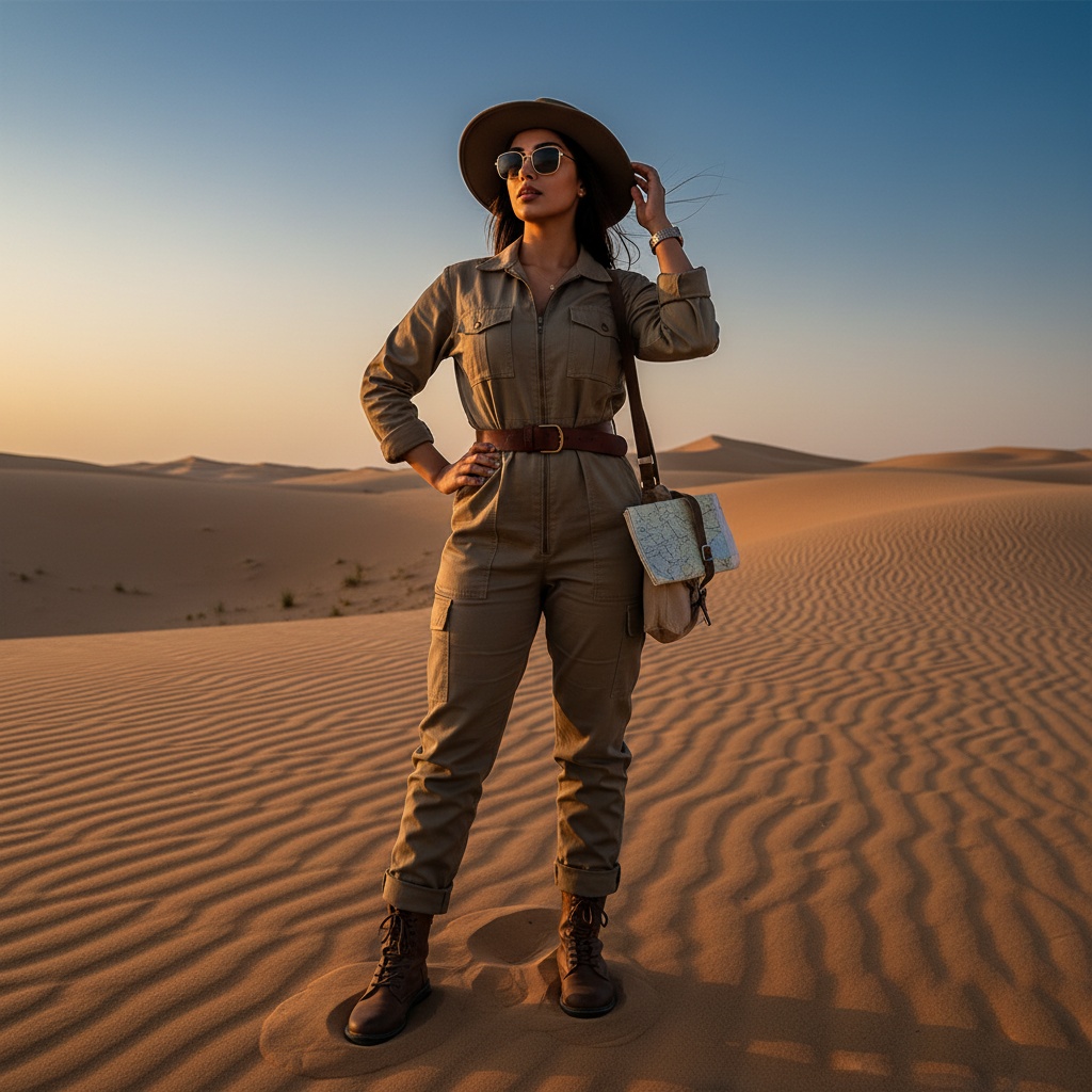 Olivia, a 23-year-old Arab woman and modern-day explorer, stands confidently amidst the sweeping golden dunes of a desert during sunset. Her sun-kissed skin glows against the cobalt blue sky, embodying the fierce spirit of adventure. Dressed in a tailored khaki utility jumpsuit cinched at the waist with a leather belt, paired with rugged ankle boots, oversized sunglasses, and a wide-brimmed hat, she exudes modern nomadic elegance. One foot slightly forward, she strikes a determined pose with her hand on her hip and the other brushing back loose strands of hair, creating movement against the wind. A tattered map peeks from her satchel, hinting at endless journeys yet to come. The dramatic chiaroscuro lighting enhances her features, while the wide-angle lens captures the expansive landscape—an inspiring image that evokes freedom and exploration.
