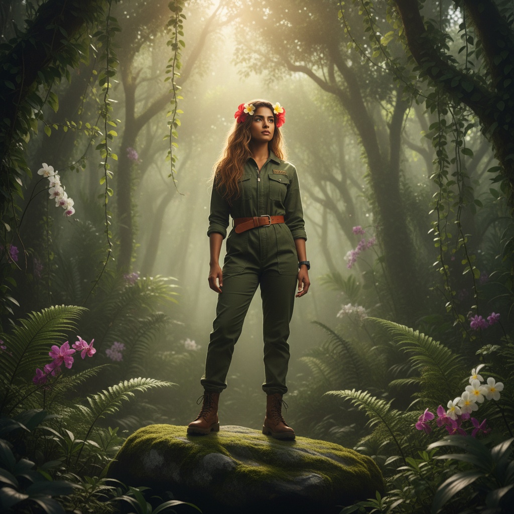 Emily, a 26-year-old Indian female adventurer, stands confidently amidst a lush jungle, embodying the spirit of exploration and resilience. She wears a chic, tailored olive green utility jumpsuit cinched at the waist with a caramel leather belt. Her long, sun-kissed hair is adorned with tropical blooms, and her radiant complexion glows under the dappled sunlight filtering through the canopy. Perched on a moss-covered rock, she gazes toward the horizon with a sense of adventure. The vibrant jungle, filled with oversized ferns and orchids, creates an enchanting backdrop, with sunlight casting an ethereal golden glow and a gentle mist adding mystique. The composition invites the viewer into this verdant paradise, capturing the essence of a fierce wanderer ready to conquer the wild.