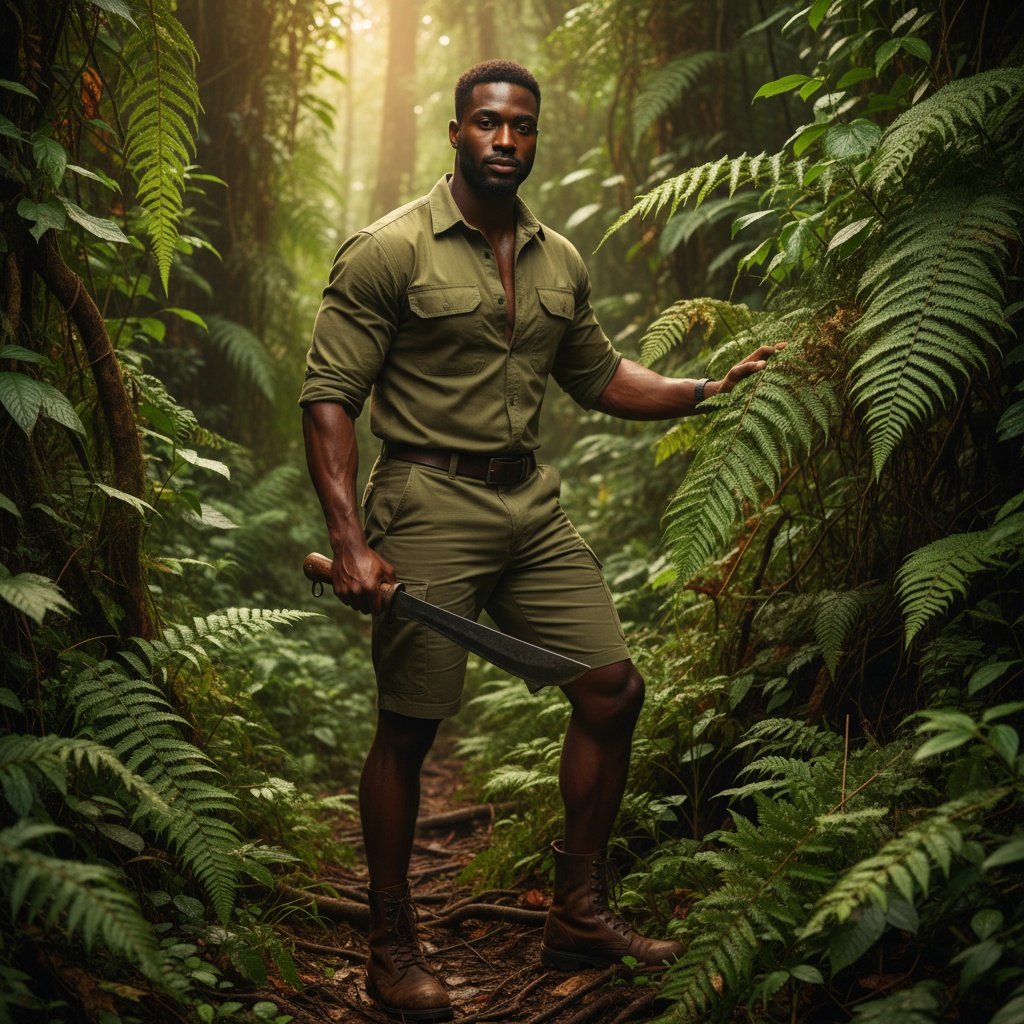 John, a ruggedly handsome black male adventurer aged 25, stands confidently in the heart of a lush jungle. He wears a fitted, olive-green utility shirt with rolled sleeves, highlighting his toned forearms, and cargo shorts harmonizing with the vibrant foliage. His weathered leather boots are partially hidden by underbrush, ready for exploration. Sunlight filters through the dense canopy, creating a dappled light effect across his determined expression. One hand grips a sturdy machete while the other brushes aside ferns, suggesting hidden paths. The vivid greens of the jungle contrast with his sun-kissed skin, evoking emotions of excitement and adrenaline, capturing the essence of adventure for a contemporary outdoor lifestyle editorial.