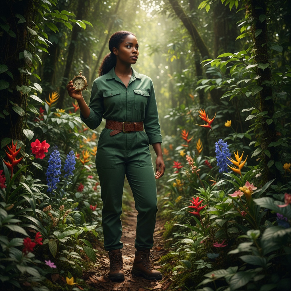 Olivia, a fearless 23-year-old black female adventurer, is captured in a lush, vibrant jungle, moments away from a discovery. She wears a fitted forest-green utility jumpsuit cinched at the waist with a chunky leather belt, and rugged brown hiking boots. Her hair is tied in a practical ponytail, while a vintage compass in one hand represents her adventurous spirit. Sunlight filters through the canopy, creating dappled light on her sun-kissed face and illuminating the colorful flora around her. She stands slightly off-center, poised between curiosity and alertness, with rich greens and colors of blooming flowers as the intoxicating backdrop, emphasizing the beauty of wild exploration. The image conveys a sense of wanderlust and empowerment, destined to inspire.