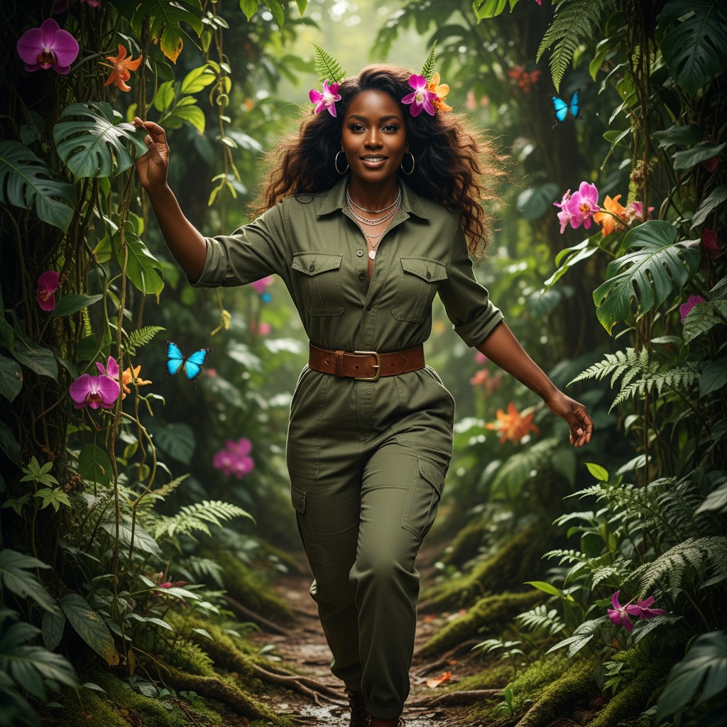 Olivia, a fiercely adventurous 28-year-old black woman, embodies the spirit of exploration amid a lush, vibrant jungle setting. She wears a fitted, olive-green utility jumpsuit crafted from breathable cotton twill, cinched at the waist with a wide leather belt. Her tousled hair flows freely, adorned with tropical flowers, and she sports minimal yet striking accessories. The image captures her mid-stride, gracefully parting the dense greenery to reveal vibrant orchids and ferns in the background, illuminated by dappled sunlight filtering through the canopy. The composition's shallow depth of field isolates her dynamic pose, emphasizing empowerment and a connection with nature, inviting viewers into a world of adventure. The overall atmosphere is one of resilience and discovery, showcasing the fierce spirit of a modern-day explorer.