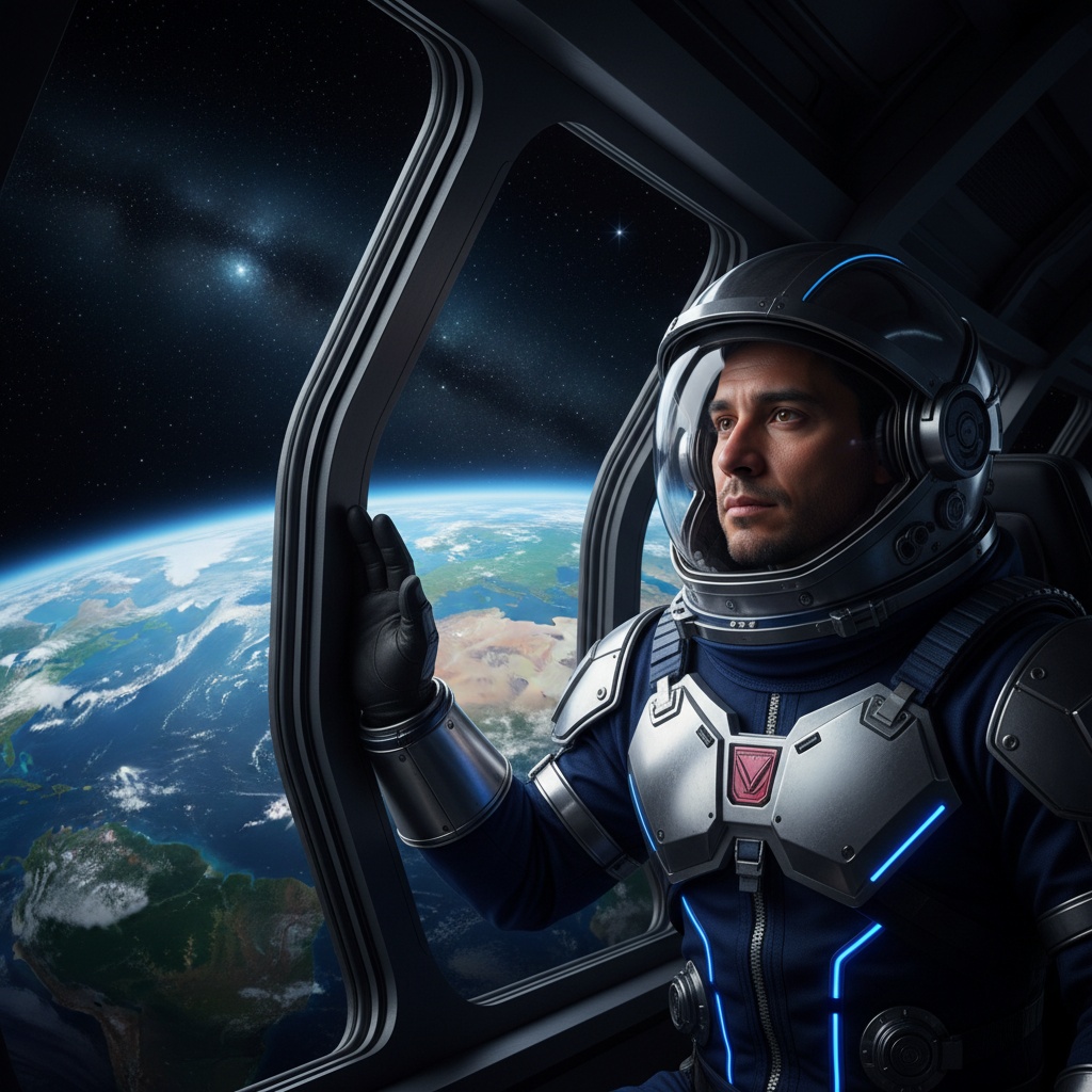 A dynamic and compelling portrait of David, a 32-year-old male astronaut of Latin descent, captured in a moment of awe as he gazes out from the observation deck of a sleek spacecraft. His perfectly tailored spacesuit, shimmering in deep navy and metallic silver, contrasts beautifully with the expansive view of Earth, showcasing its blues and greens against the infinite black of space sprinkled with distant stars. The dramatic lighting softly illuminates his face, highlighting the determination in his eyes, embodying the emotional weight of human adventure and the spirit of exploration.
