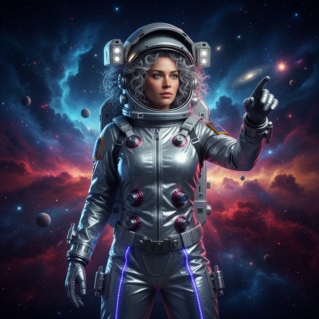 Emily, a captivating 33-year-old female astronaut, embodies the spirit of exploration against a stunning cosmic backdrop. She stands confidently in a sleek, reflective silver spacesuit detailed with illuminated panels and micro-thrusters. Her helmet is slightly ajar, revealing a determined expression and silver curls floating in zero gravity. The dramatic composition features vibrant nebulae and shimmering stars, with chiaroscuro lighting enhancing her features. One hand gestures towards the unknown, symbolizing courage and ambition in the context of space exploration.
