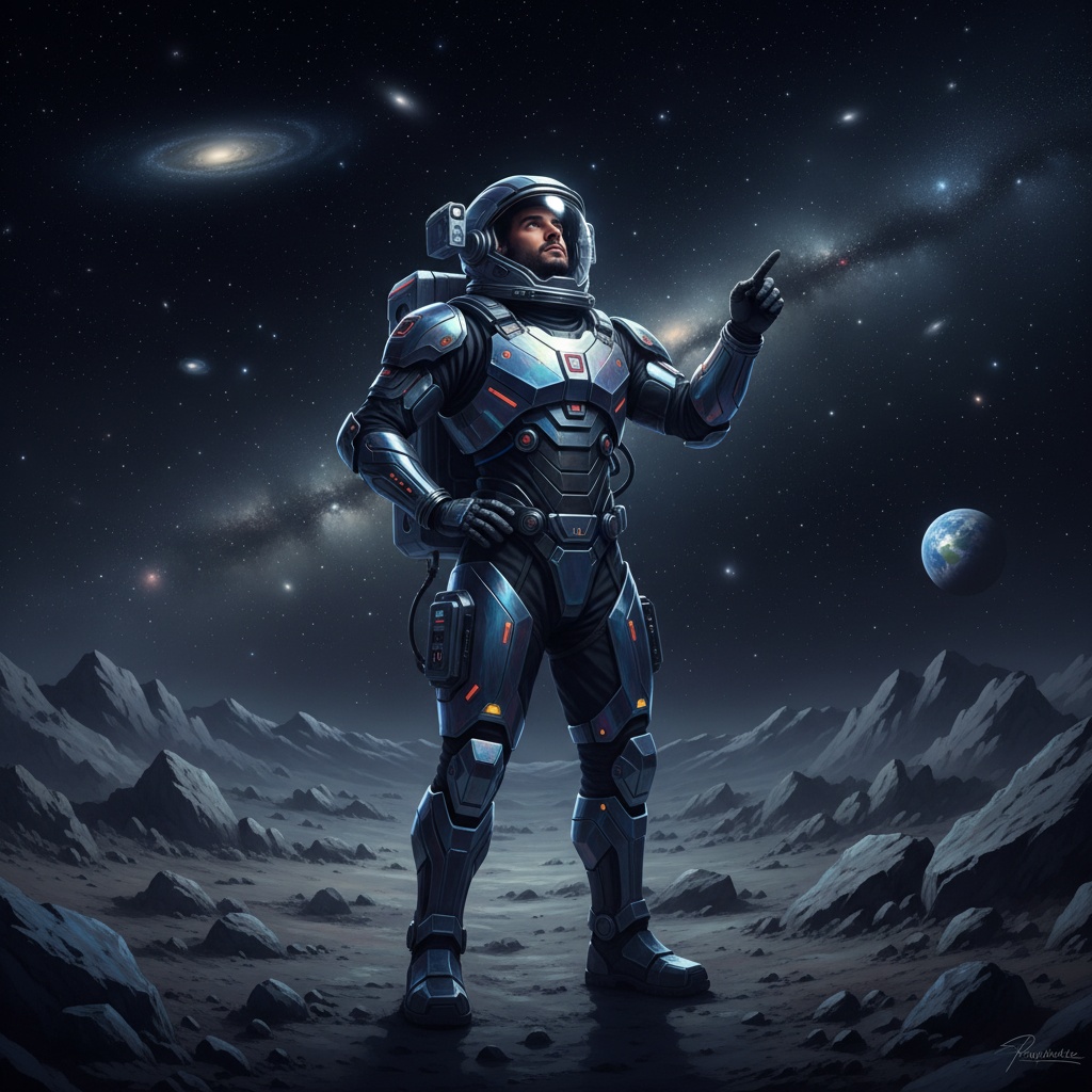 Michael, a 22-year-old Middle Eastern male astronaut, stands confidently on a rocky lunar surface against a dramatic cosmic backdrop. He wears a sleek, futuristic space suit made of iridescent materials reflecting blues, silvers, and blacks, showcasing advanced life-support systems and high-tech visors. Gazing upward with a mix of determination and wonder, the sparkling stars and distant galaxies create a captivating scene that embodies adventure and curiosity in space exploration. The lighting is ethereal, casting a soft glow on his figure, while dramatic shadows highlight his suit's contours, capturing the essence of human discovery.
