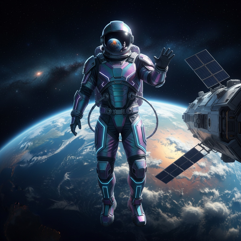 Michael, a 22-year-old Asian male astronaut, stands poised in a sleek, iridescent space suit that shimmers like the galaxies. The dynamic shot captures him in the vast expanse of space, tethered to a spacecraft, with a breathtaking view of Earth—a swirl of blue and white—below him. His helmet features a mirrored visor, adding to the aura of mystery, while stark, ethereal lighting highlights his confident stance, embodying the adventurous spirit of space exploration and the future of humanity's quest into the cosmos.