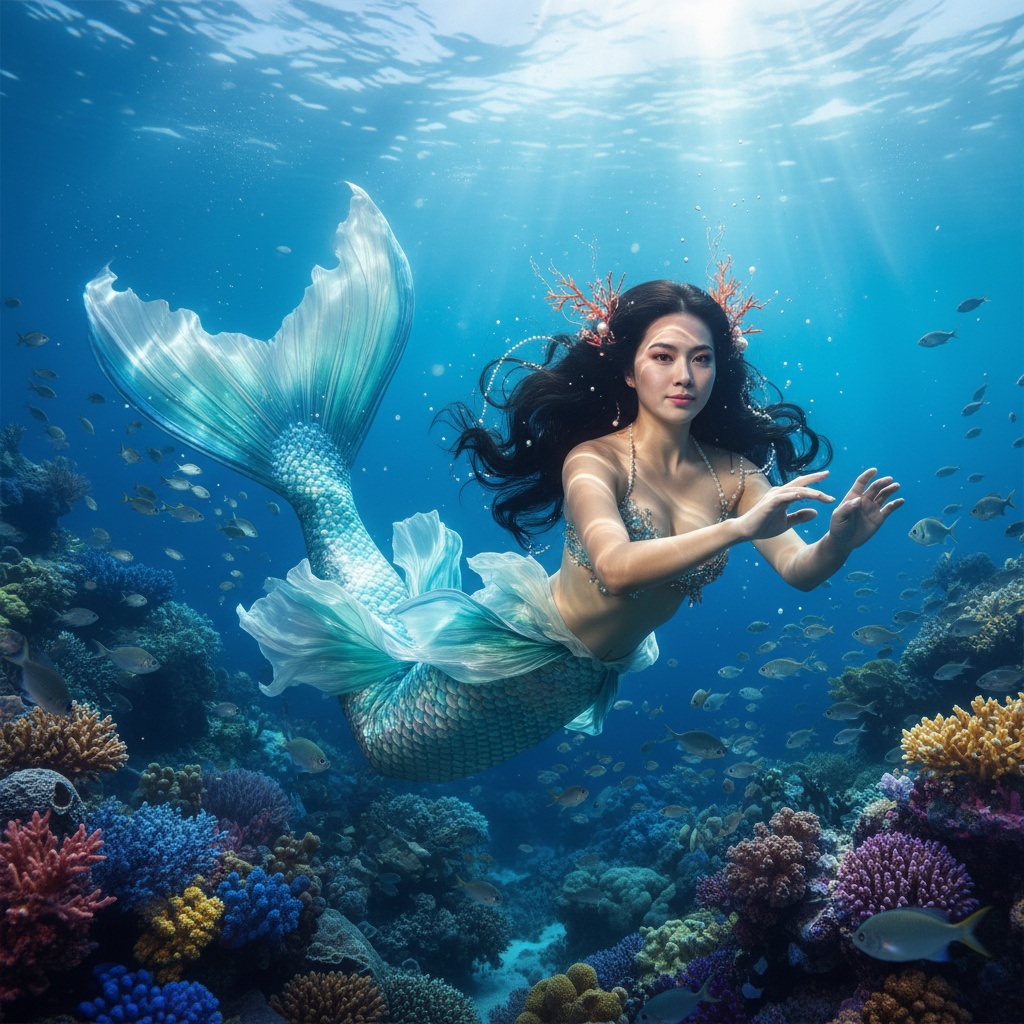 Jane, a 33-year-old Asian female figure, embodies the ethereal grace of a mermaid, suspended in an underwater paradise. She is adorned in shimmering iridescent scales made from silk organza and chiffon, featuring oceanic hues of aquamarine and deep sea emerald. Her hair flows like liquid silk, enhanced with pearls and coral accents. Sunlight filters through the water’s surface, casting magical patterns on her skin. Positioned in a graceful arc, arms outstretched, Jane invites viewers into her serene world, framed by delicate fish and vibrant coral formations. Soft, diffused lighting and shallow depth of field enhance the dreamlike quality of this underwater realm.