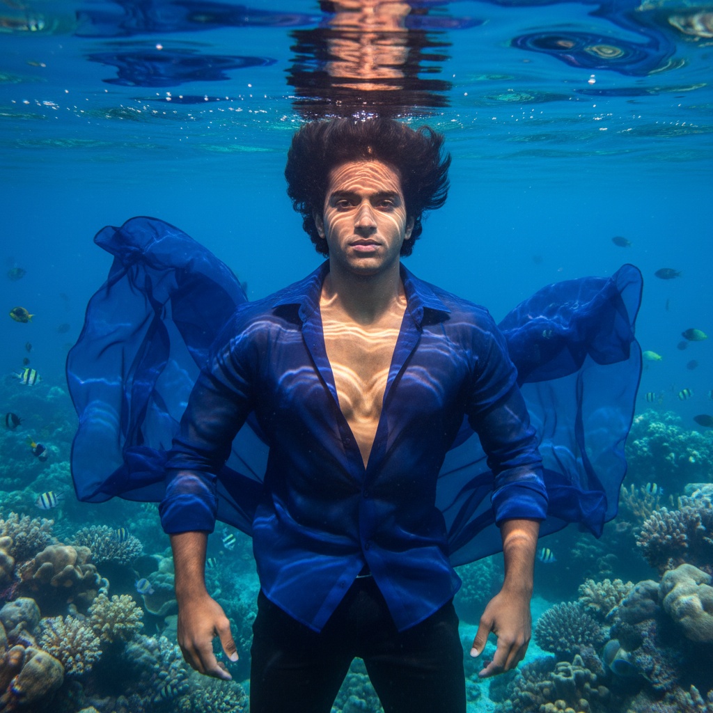 A stunning underwater portrait of Michael, a 25-year-old Indian male model, immersed in a breathtaking aquatic realm. He embodies the essence of Poseidon, adorned in a flowing deep blue silk shirt that billows around him like ocean waves. The shirt is partially transparent, creating a captivating interplay of light and shadow that mimics water's fluidity. His muscular figure is set against vibrant coral reefs and schools of shimmering fish, with sunlight penetrating the water to cast ethereal patterns across his serene yet commanding expression. Tousled hair swirls around his face, enhancing the harmony with his surroundings. The composition uses a shallow depth of field to isolate him from the corals while capturing the intricate details of both his features and the vibrant marine life, with gentle ripples adding dynamic movement. Soft, diffused lighting enhances the magical ambiance of this underwater world, encapsulating allure and mystery.