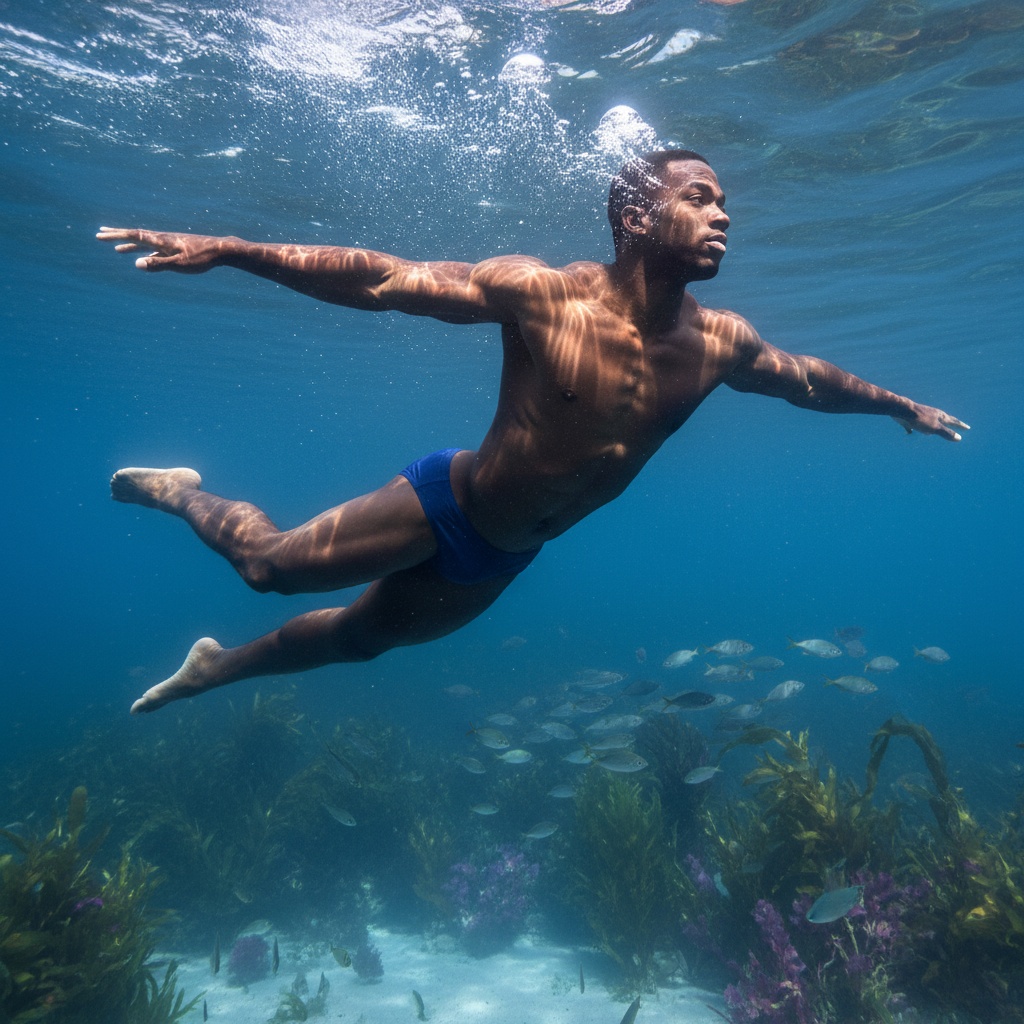 Michael, a 34-year-old black male swimmer, captured in a striking underwater portrait. He wears a sleek matte navy blue swim trunk that highlights his athletic physique. The crystalline water envelops him, creating a captivating interplay of light and shadow across his skin. His body is gracefully poised, arms extended like fins, as bubbles trail behind him, adding a sense of dynamism. The ethereal glow from the underwater light accentuates his strong jawline and defined shoulders. The background features delicate seaweed and shimmering schools of fish, evoking a profound connection to nature and the majestic beauty of the ocean. The overall atmosphere conveys tranquility, adventure, and a meditative state of deep-sea exploration. This artwork is akin to modern art gallery pieces.