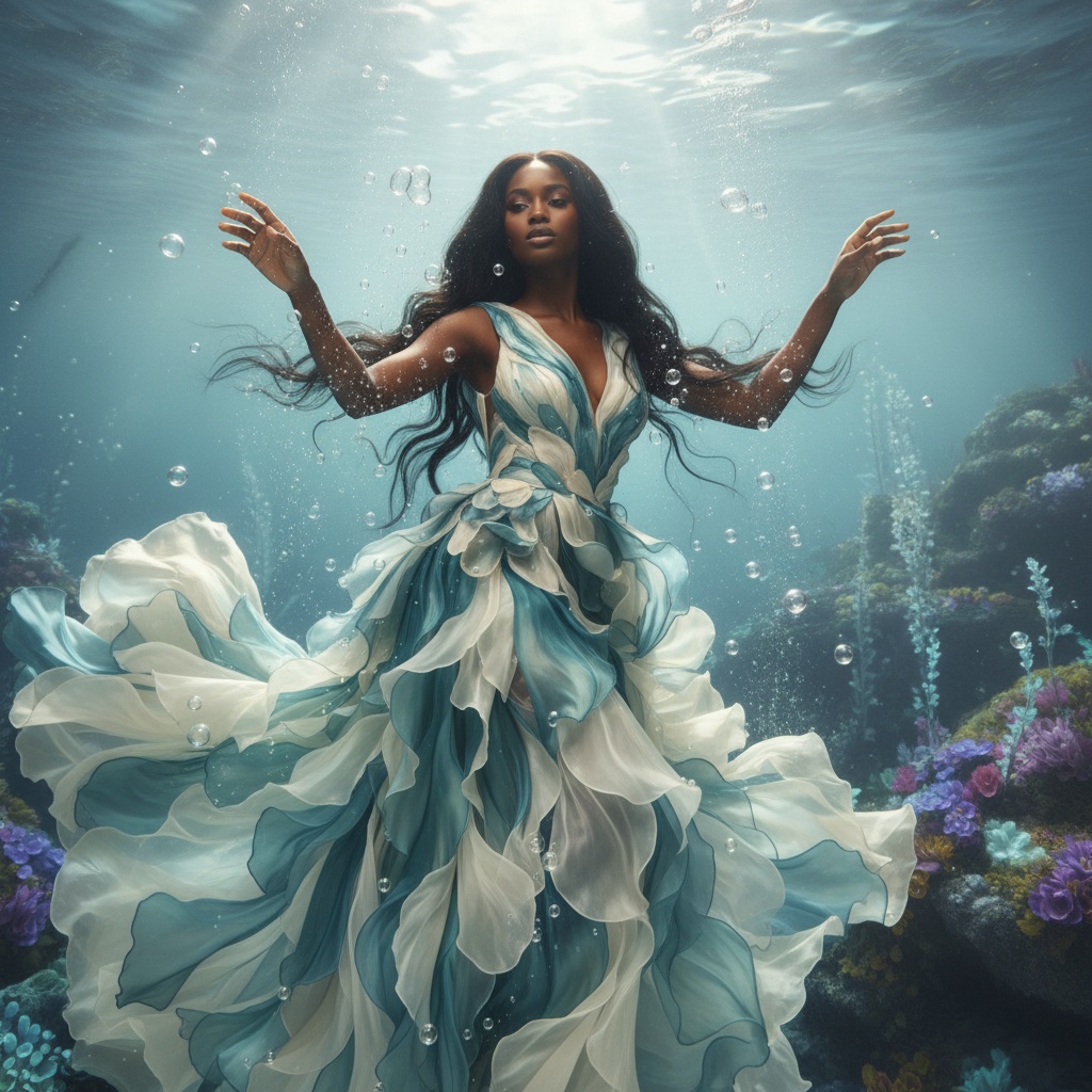 Sarah, a 26-year-old Black woman, emerges gracefully from an enchanting underwater realm, wearing a flowing gown of silk chiffon in iridescent teal and soft ivory, mimicking coral petals with each fluid movement. Her long, dark hair surrounds her like delicate seaweed, illuminated by sunlight filtering from above. This serene yet powerful modern-day mermaid exudes strength and vulnerability amidst a dreamy, ethereal light. Bubbles rise around her as she reaches out with splayed fingers, embodying fragile beauty and mystery. The composition features a dynamic angle and fluid asymmetry, capturing the captivating allure of the ocean and feminine grace. The image reflects a surreal, artistic narrative perfect for high-end fashion.
