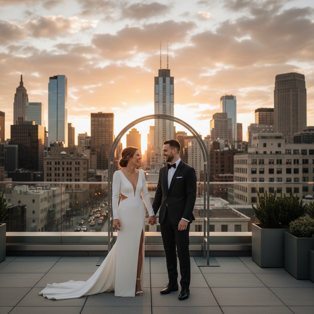 Bride and groom smiling and holding hands on a rooftop during sunset, with a city skyline in the background featuring tall buildings and a cloudy sky.