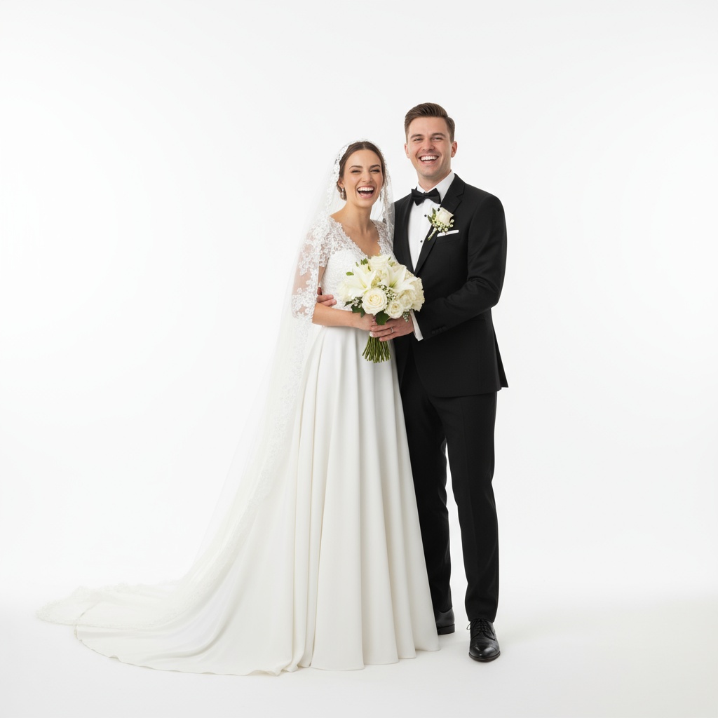 Happy bride and groom in formal wedding attire, smiling and holding a bouquet of white flowers, on a neutral background.
