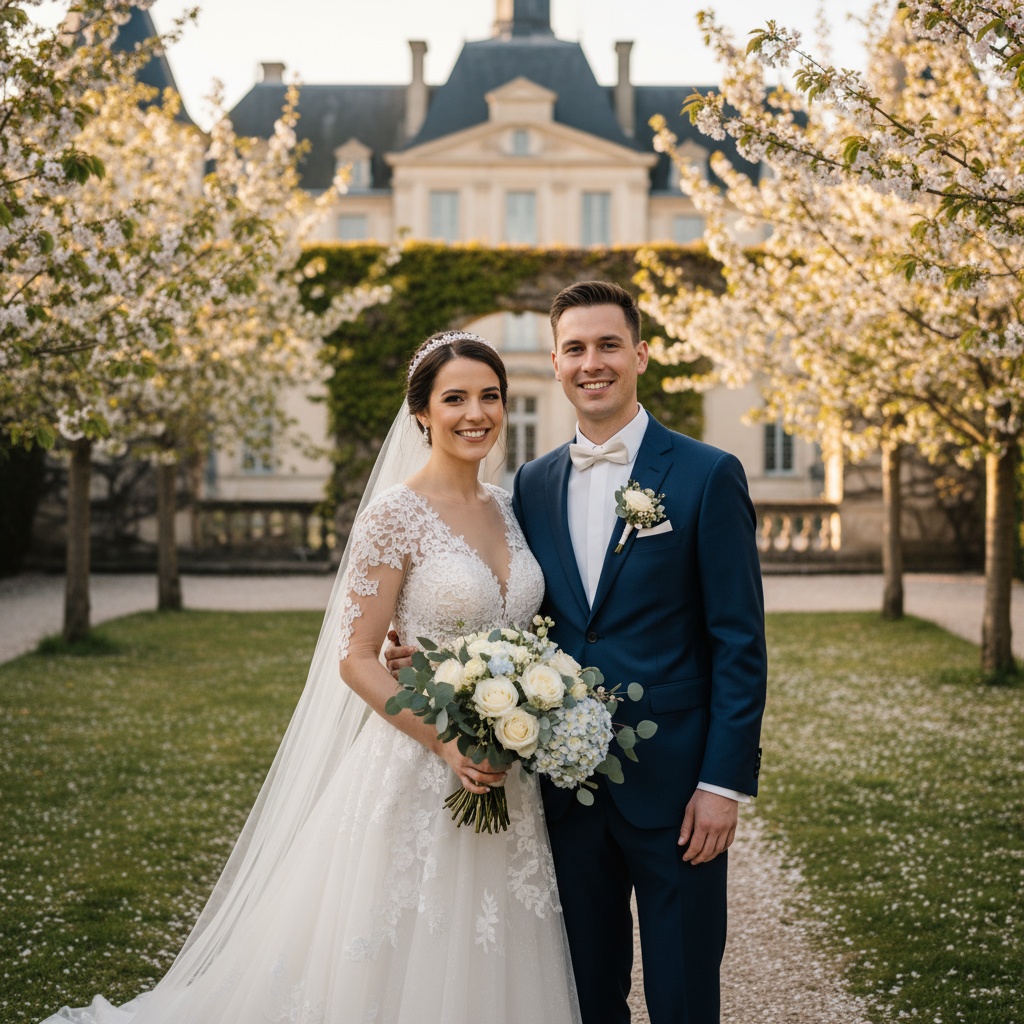 A joyful bride and groom pose together in a beautiful garden setting, surrounded by blooming trees and a historic mansion in the background, capturing a moment of love on their wedding day.
