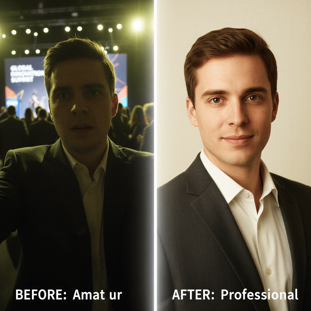Side-by-side comparison showing a blurry, poorly lit selfie transforming into a crisp, professional executive headshot.