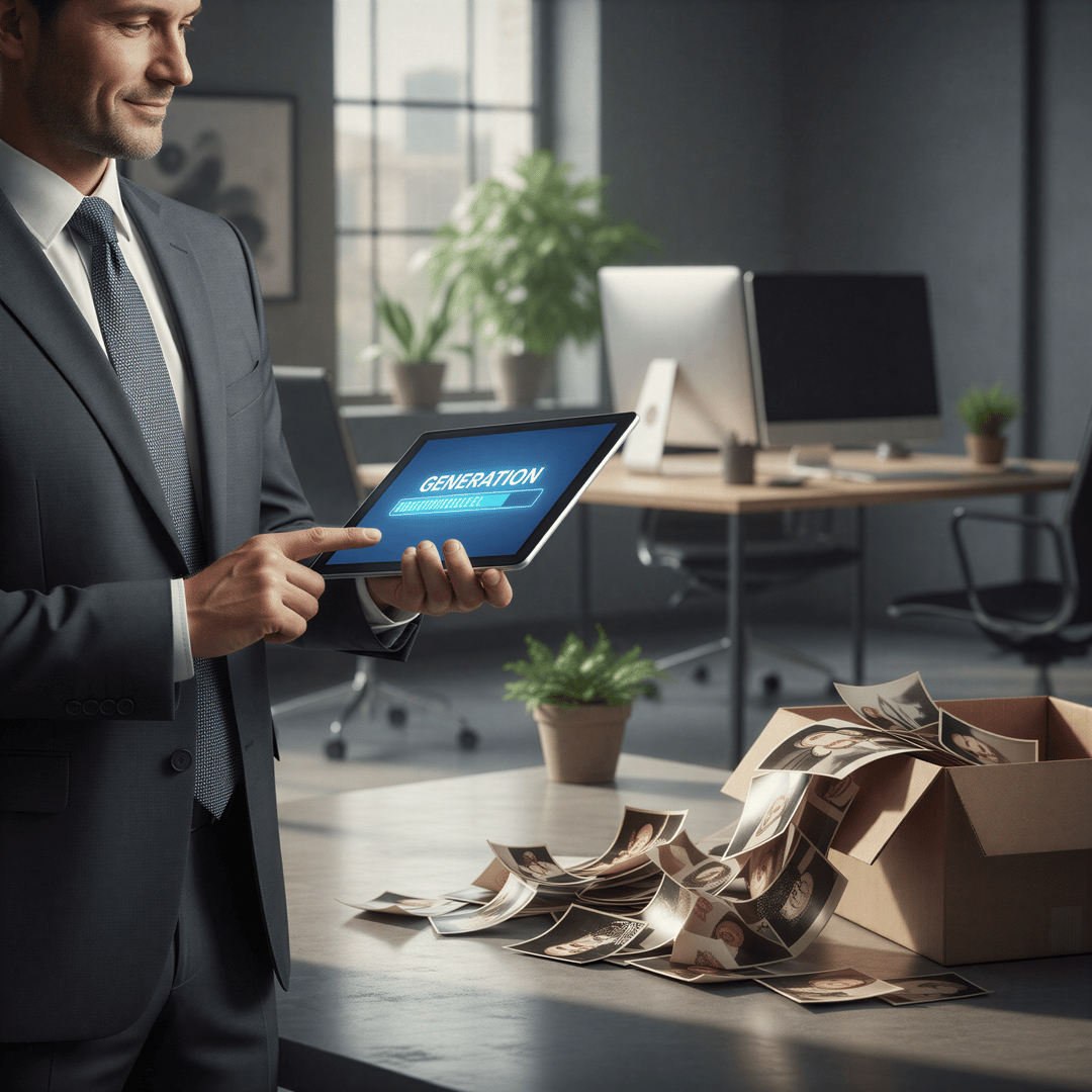 An executive quickly generating multiple AI-powered headshots on a tablet, contrasting the slow traditional method.
