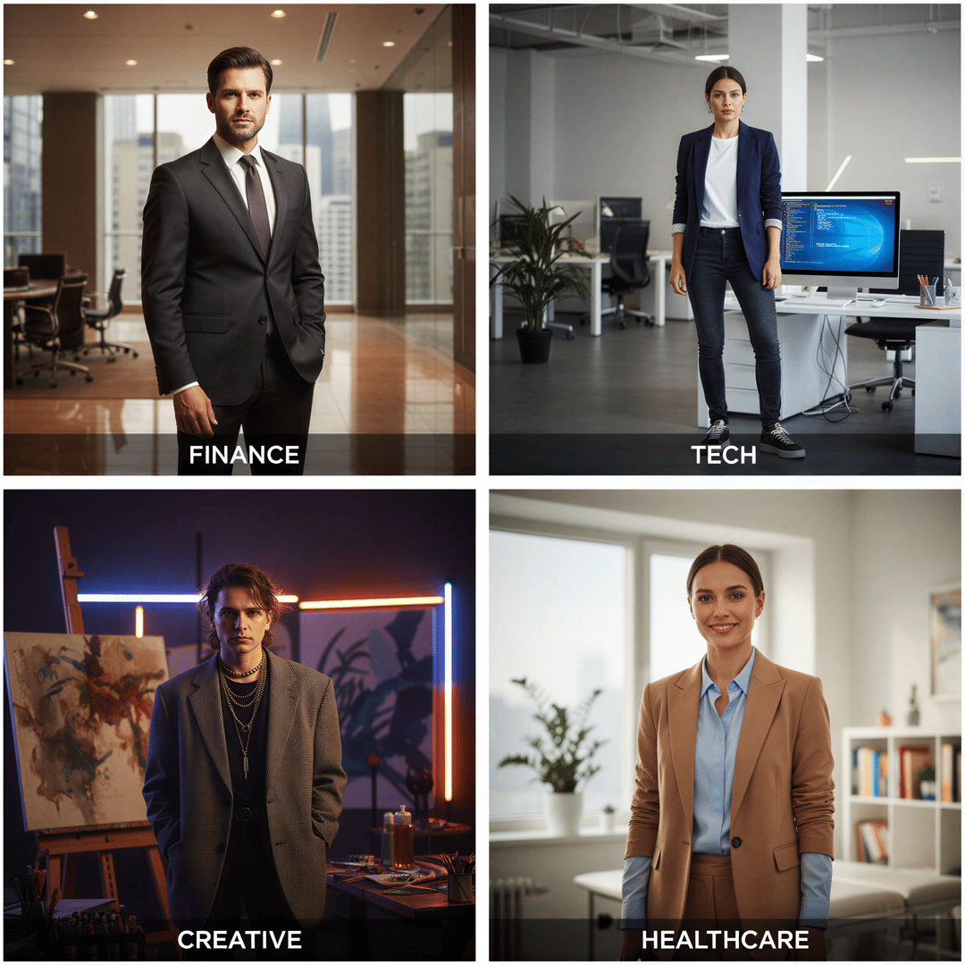 A quad-panel image showing four different professionals, each embodying an industry-specific LinkedIn style: finance (formal), tech (smart casual), creative (personality), healthcare (warm professional).