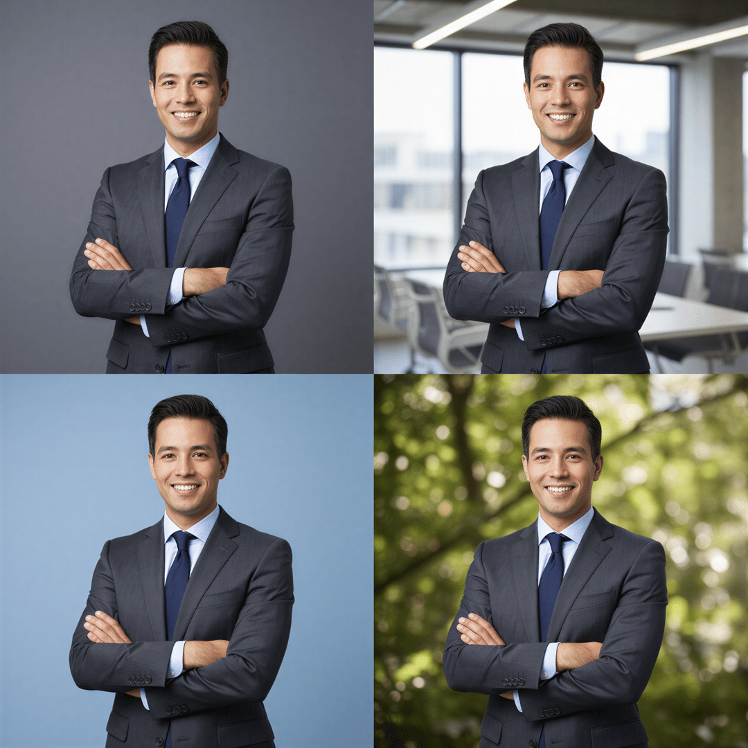 Four variations of the same headshot showcasing different professional backgrounds: solid gray, blurred office, soft blue, and subtle outdoor setting.