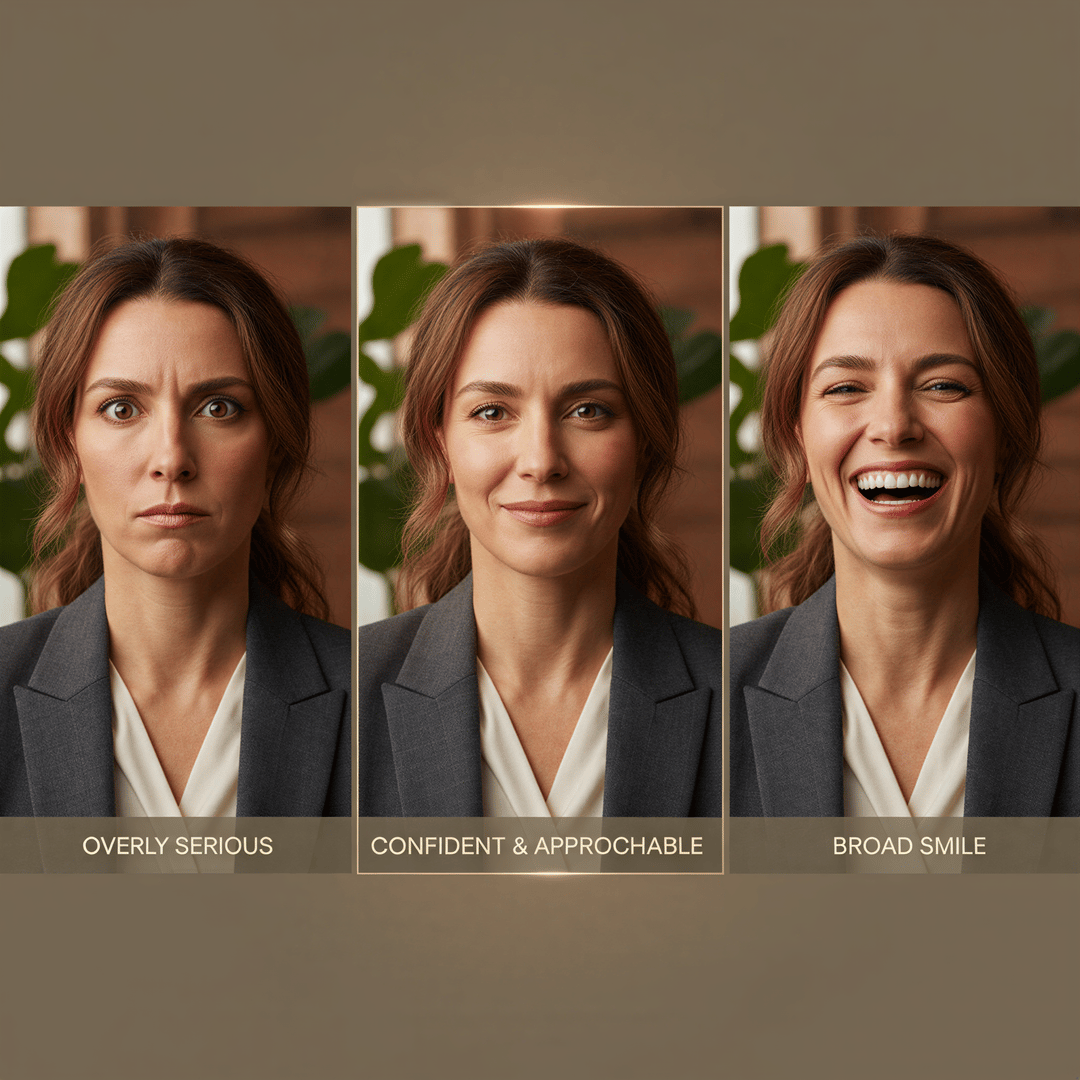 A triptych showing three headshot expressions: too stern, too casual, and the ideal balanced, confident, and approachable look.
