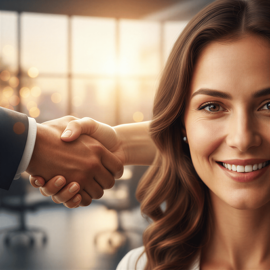 A split image showing a professional handshake on one side and a portrait conveying competence and trust on the other.