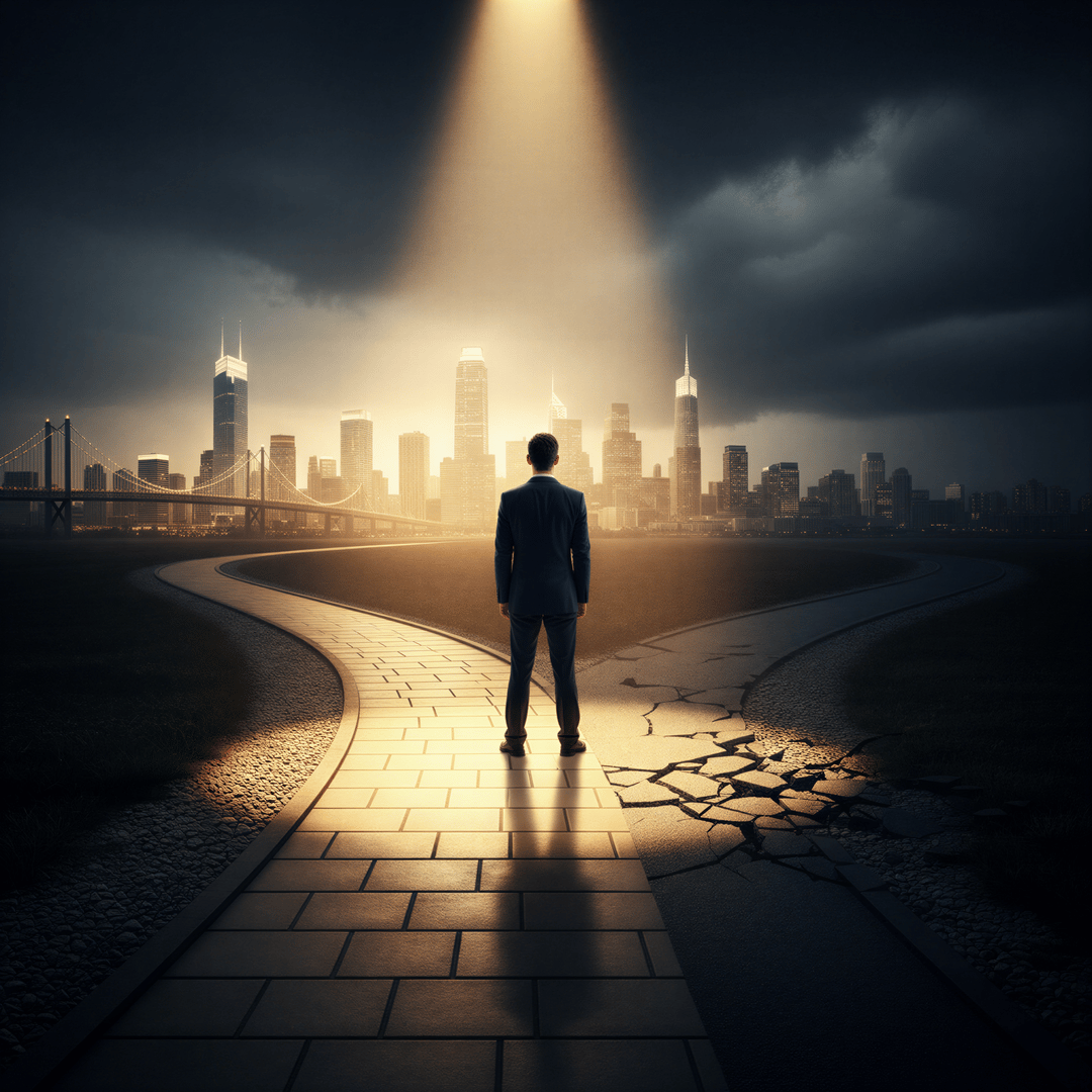 Conceptual image showing a path diverging, where one path is illuminated (good photo) leading to success, and the other is dark (poor photo) leading nowhere.