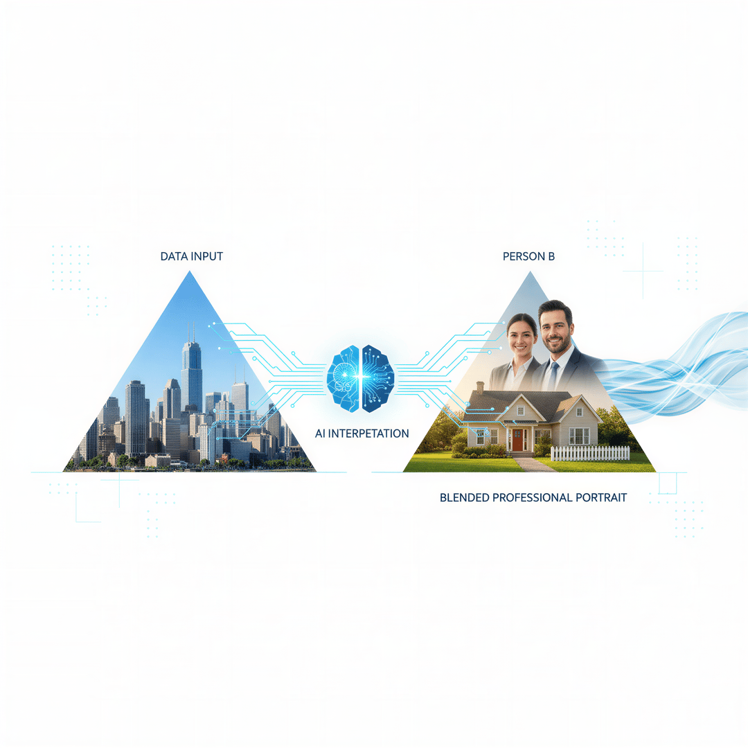 Illustration of the AI photo generation workflow: two separate individuals submitting selfies to create one unified couple portrait.