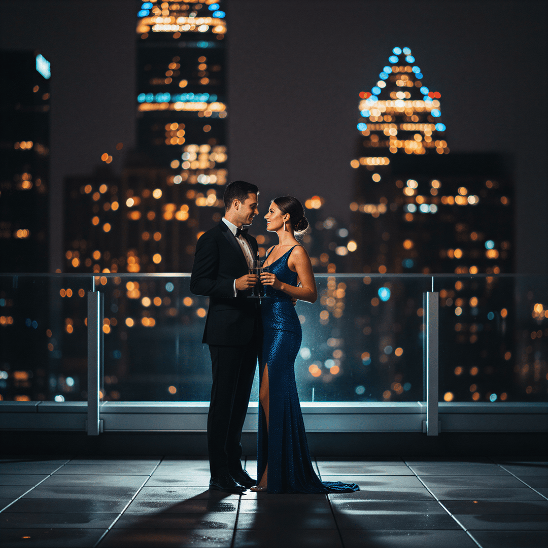 AI-generated portrait of a sophisticated couple standing close on a city rooftop at night with bokeh city lights.