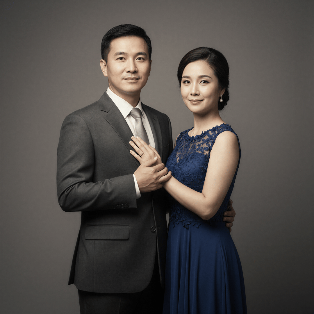AI-generated elegant studio couple portrait in formal attire against a neutral gray background with classic pose.
