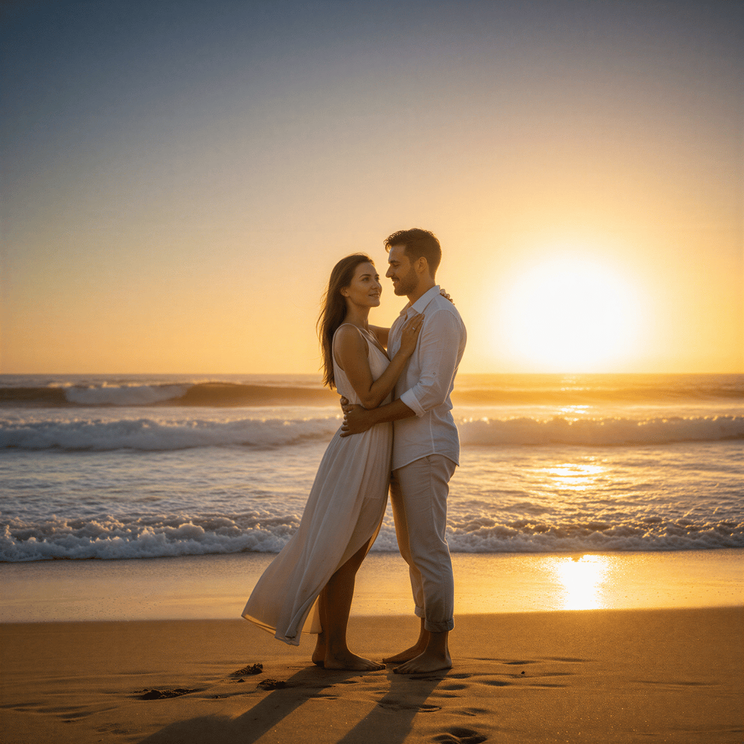 AI-generated romantic portrait of a couple embracing on a beach at golden hour, looking at the sunset.