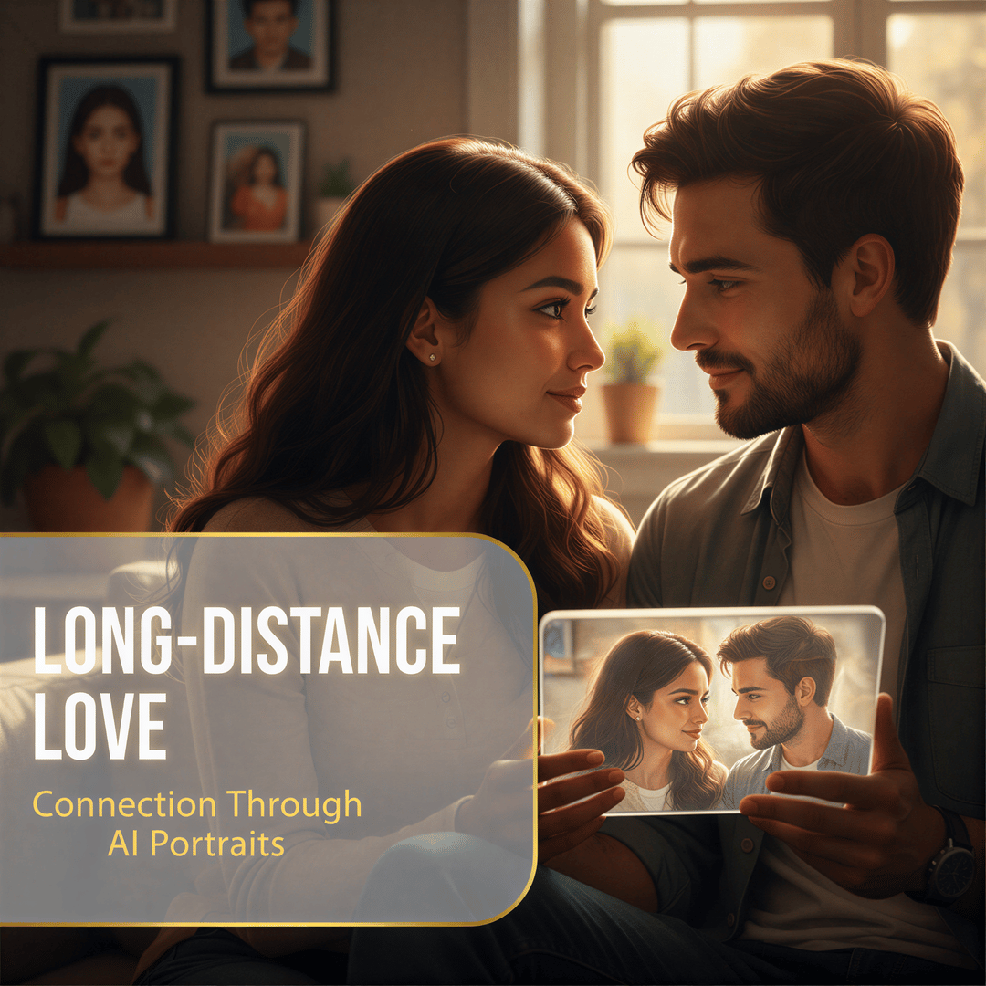 Banner image with title text: Long-Distance Love: Connection Through AI Portraits, showing a hyper-realistic, warmly lit portrait of a happy couple embracing.