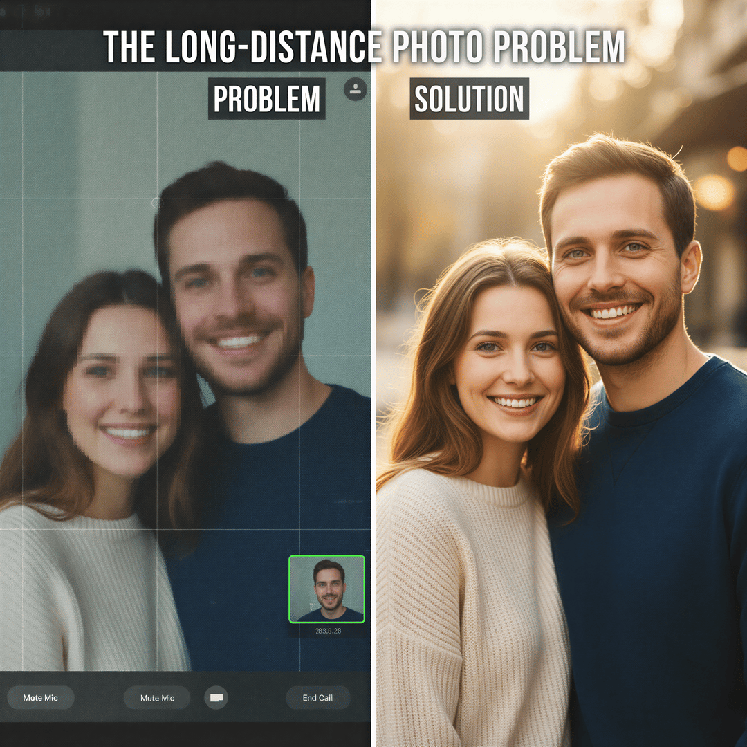 Visual representation of the long-distance photo problem: split image showing a grainy video call vs. a professional studio portrait.