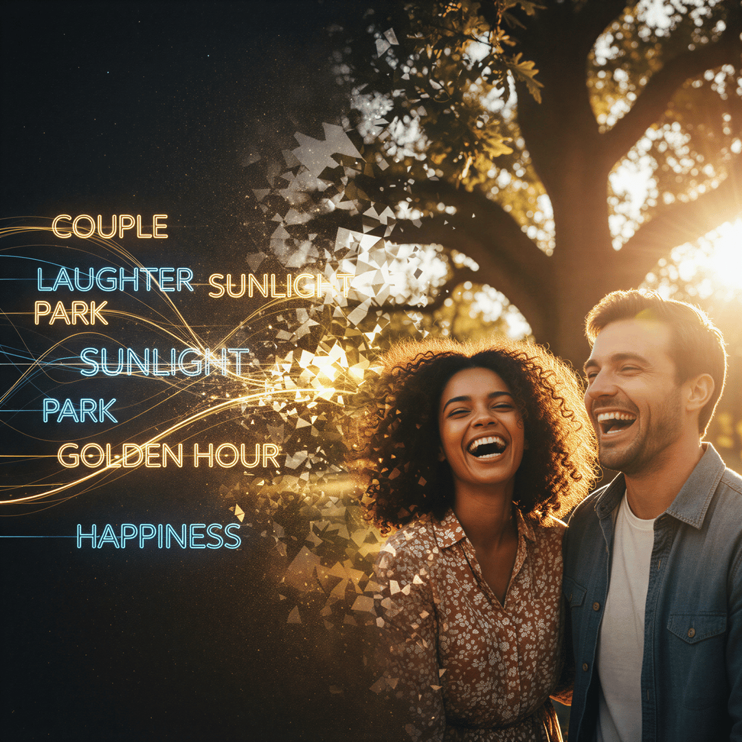 Conceptual image showing textual prompts morphing into detailed, photorealistic AI-generated imagery.