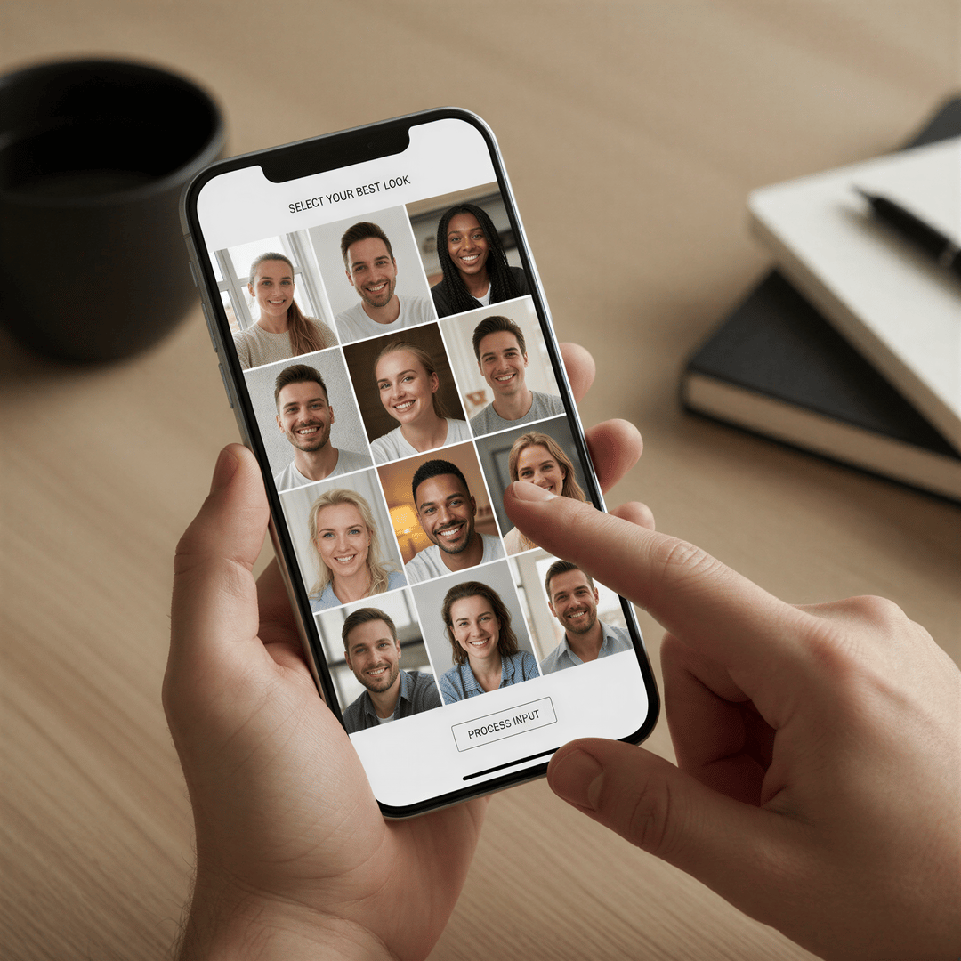 Close-up on a smartphone screen showing diverse, well-lit selfies being prepared for AI model training.