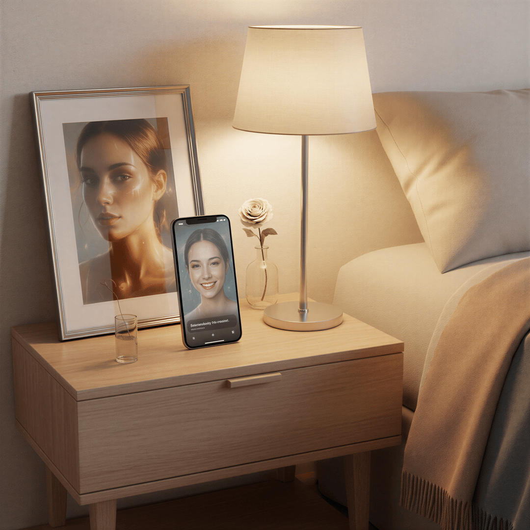 A collection of AI couple portraits used in real-life scenarios: framed on a nightstand and set as a phone wallpaper.