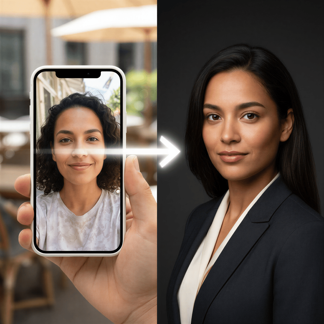 A visual sequence showing a casual selfie transforming seamlessly into a polished, studio-quality AI-generated professional headshot.