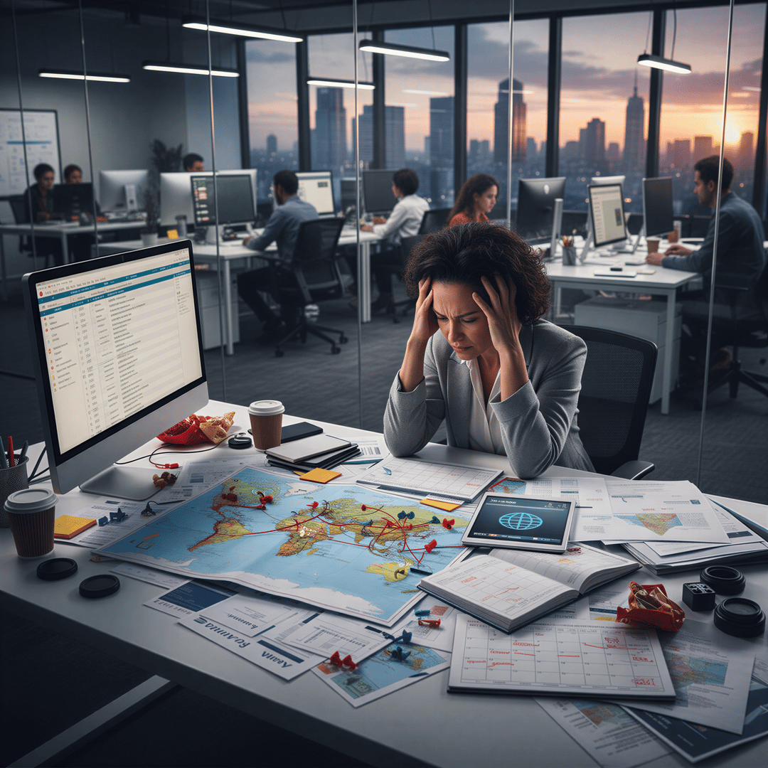 A stressed manager looking at a complicated world map with pins and flight tickets, symbolizing the logistical nightmare of centralized photo shoots.