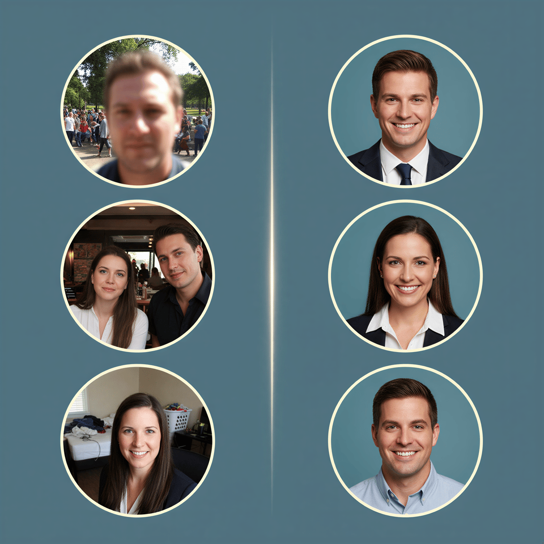 Side-by-side comparison showing chaotic, inconsistent remote team photos versus a perfectly uniform professional headshot grid.